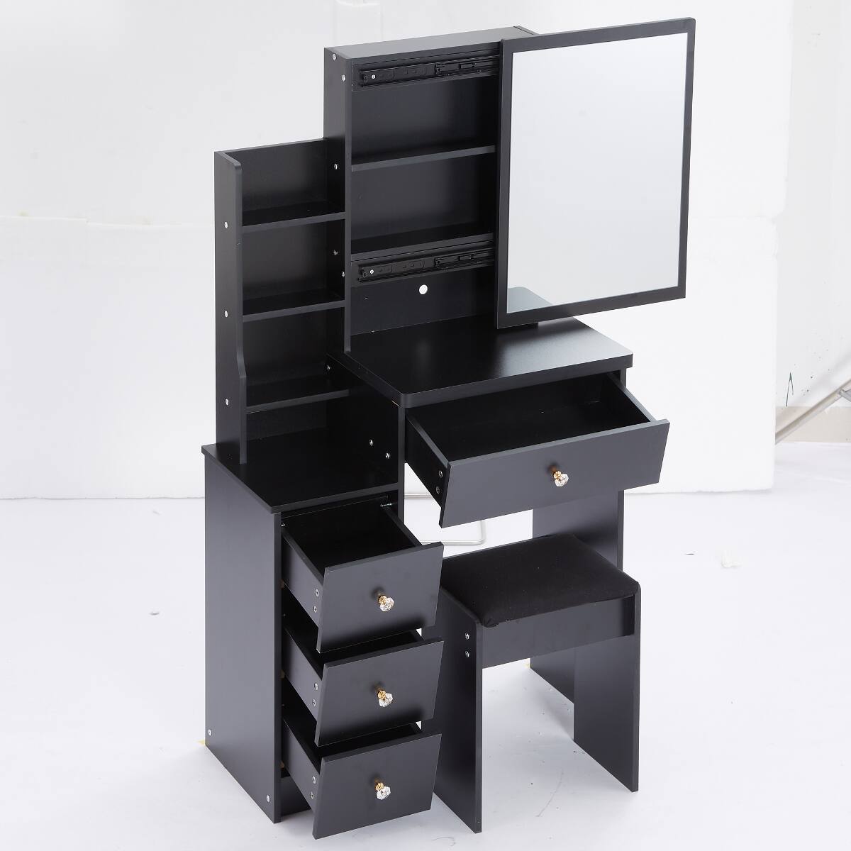 Alt View 1. Loheer - Loheer Small Space Makeup Vanity with Sliding Mirror and Stool, Black MDF - Black.