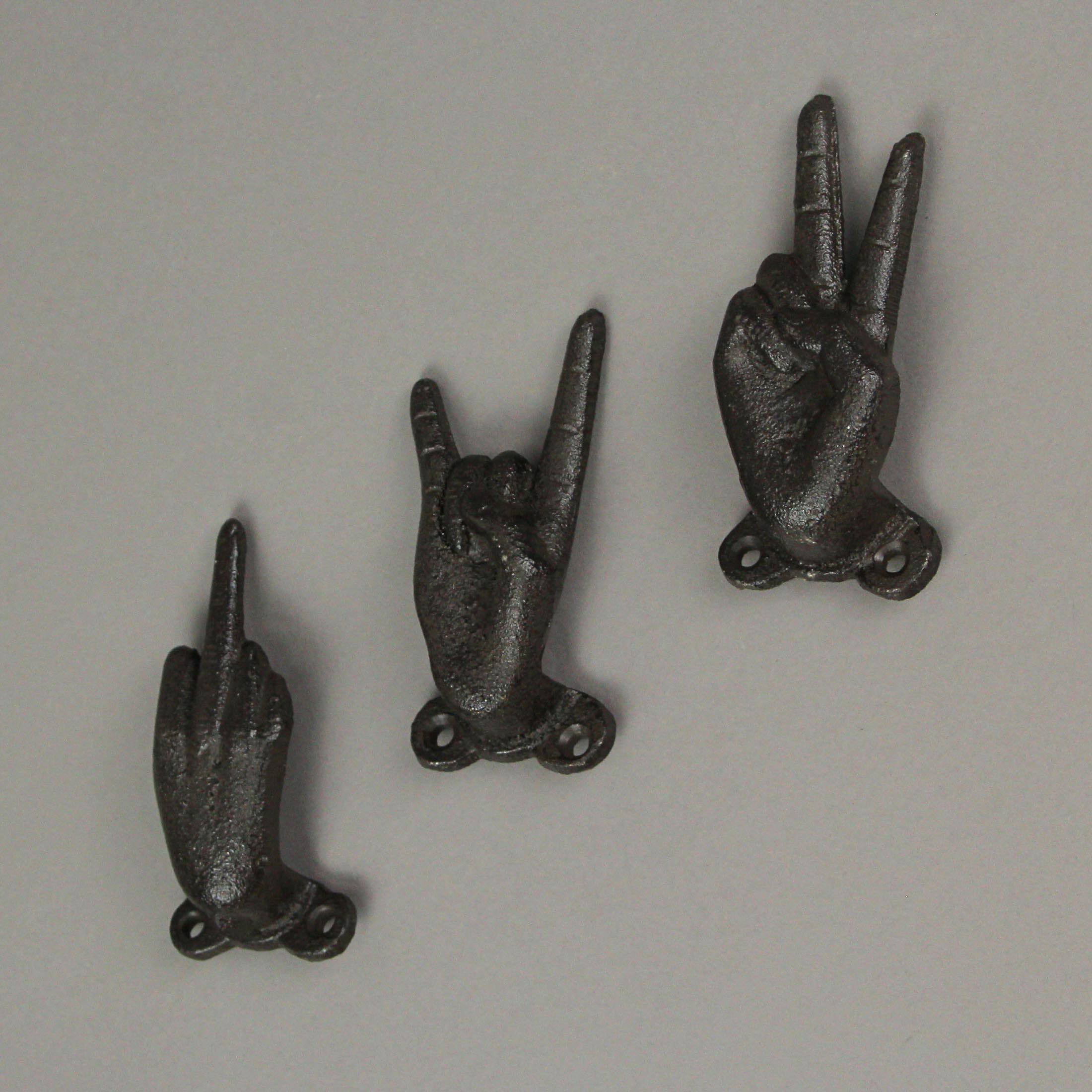 Alt View 4. Zeckos - Set of 3 Cast Iron Hand Gesture Decorative Wall Hooks Key Towel Hanger Decor - Brown.