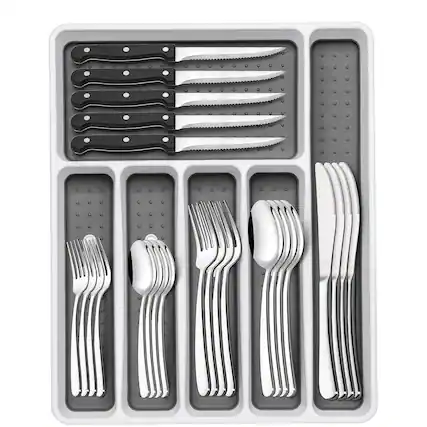 Front. Dazzed Corner - 49-Piece Silverware Set with Organizer, Cutlery Utensil Sets for 8 - Silver.