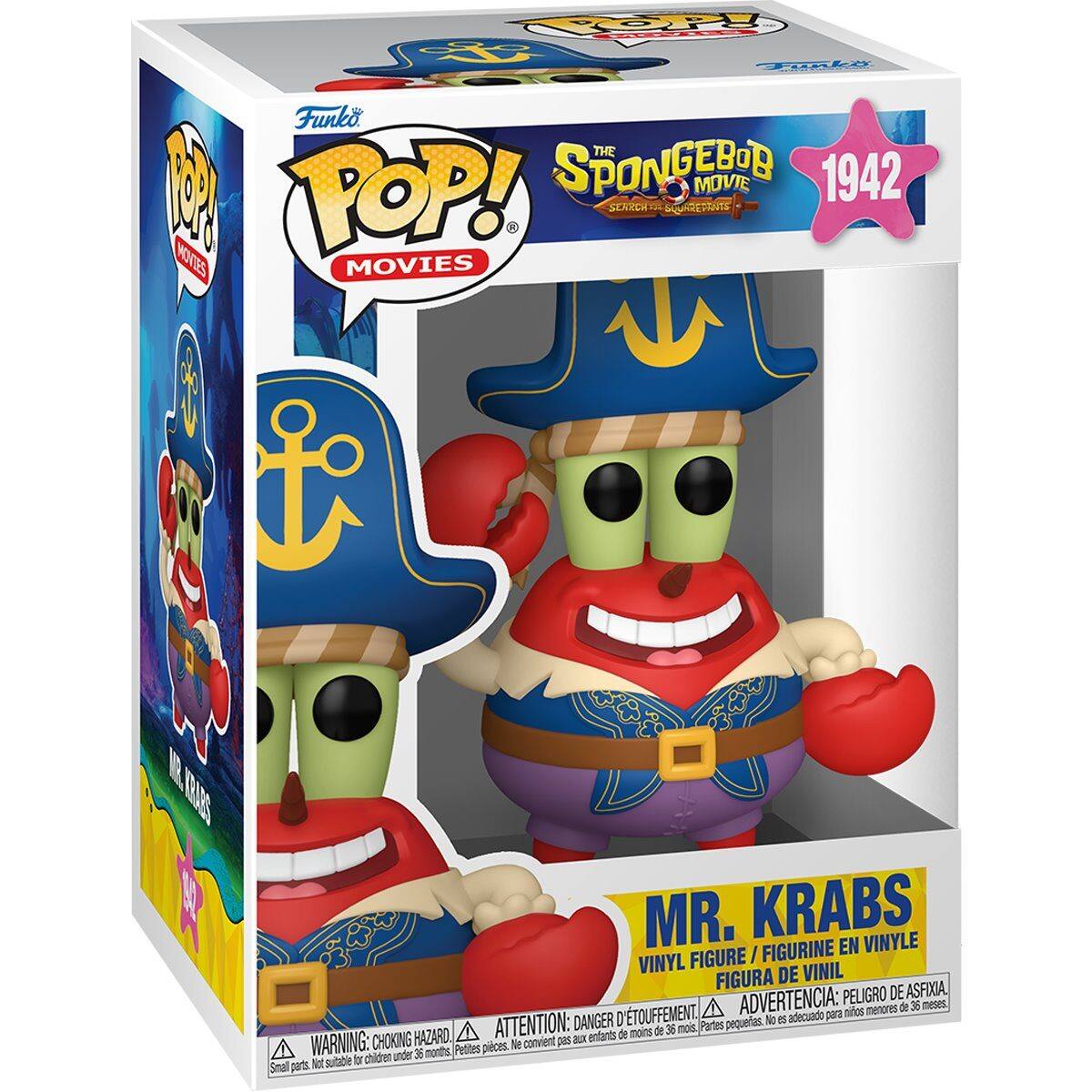 Funko POP! Movies  
The SpongeBob Movie: Sponge on the Run  
1942  
Mr. Krabs  
Vinyl Figure / Figurine en Vinyle / Figura de Vinil  

Warning: Choking Hazard - Small parts. Not suitable for children under 3 years.  
Advertencia: Peligro de Asfixia - No es adecuado para niños menores de 3 años.  
Attention: Danger d'étouffement - Petites pièces. Ne convient pas aux enfants de moins de 36 mois.