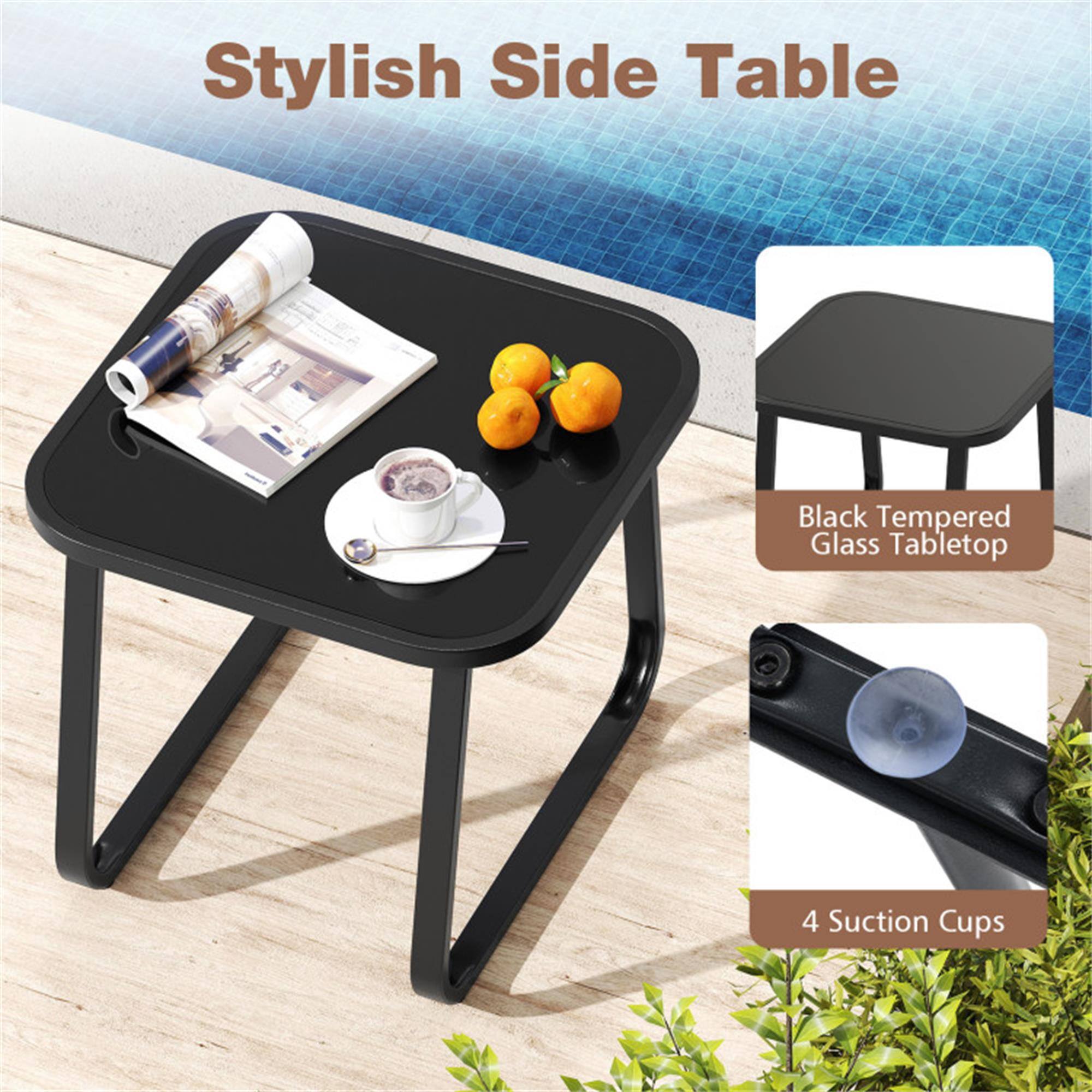 Stylish Side Table

- Black Tempered Glass Tabletop
- 4 Suction Cups