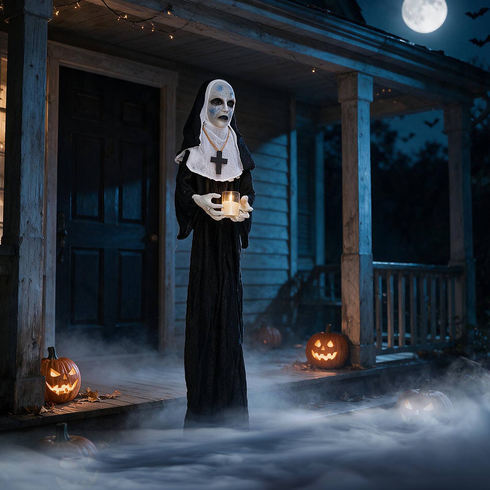 Alt View 4. Costway - Costway 5.3 FT Freestanding Life-Size Sister with Light up Candle, Spooky Hunted House Prop - White + Black.