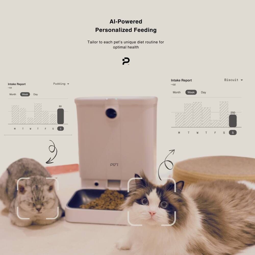 Al-Powered Personalized Feeding Tailor to each pet's unique diet routine for optimal health. Intake Report. Pudding - oz. Month Week Day. Biscuit - oz. Month Week Day. 250. MTWTFS.