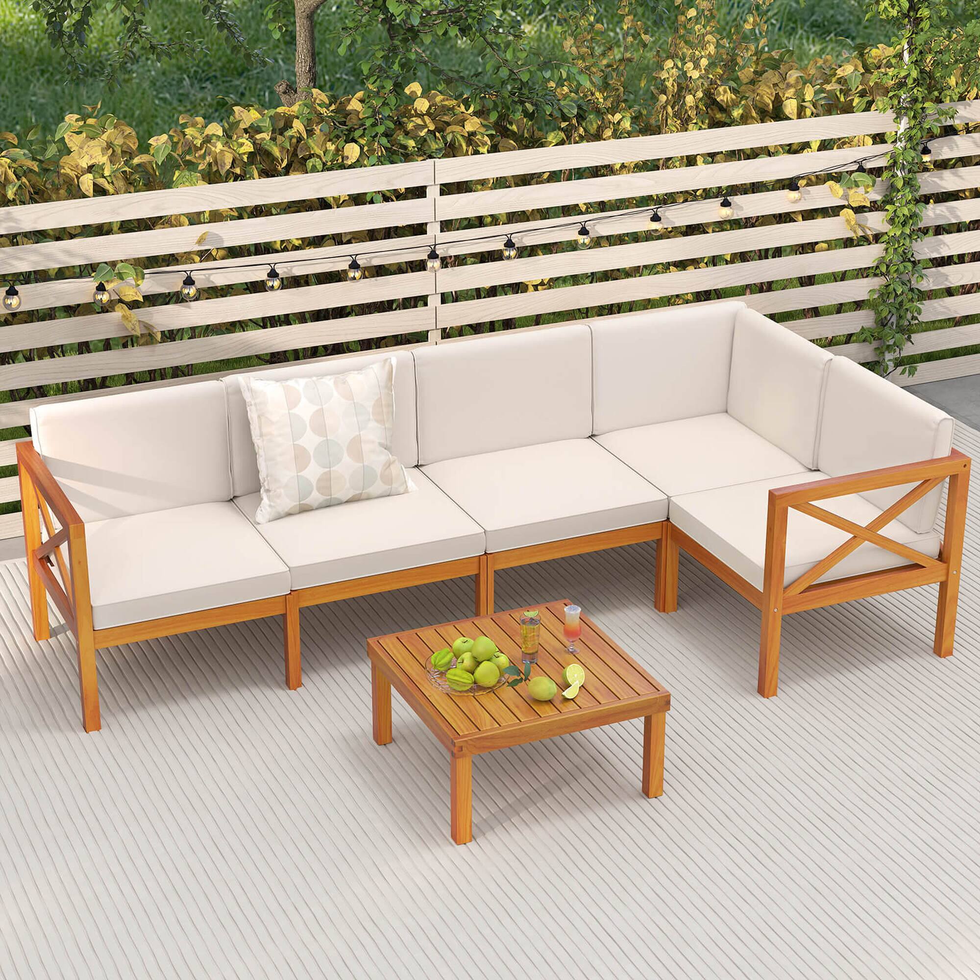 Alt View 1. Costway - 6 PCS Acacia Wood Patio Furniture Set with Cushions and Coffee Table for Garden - Off White,Natural.
