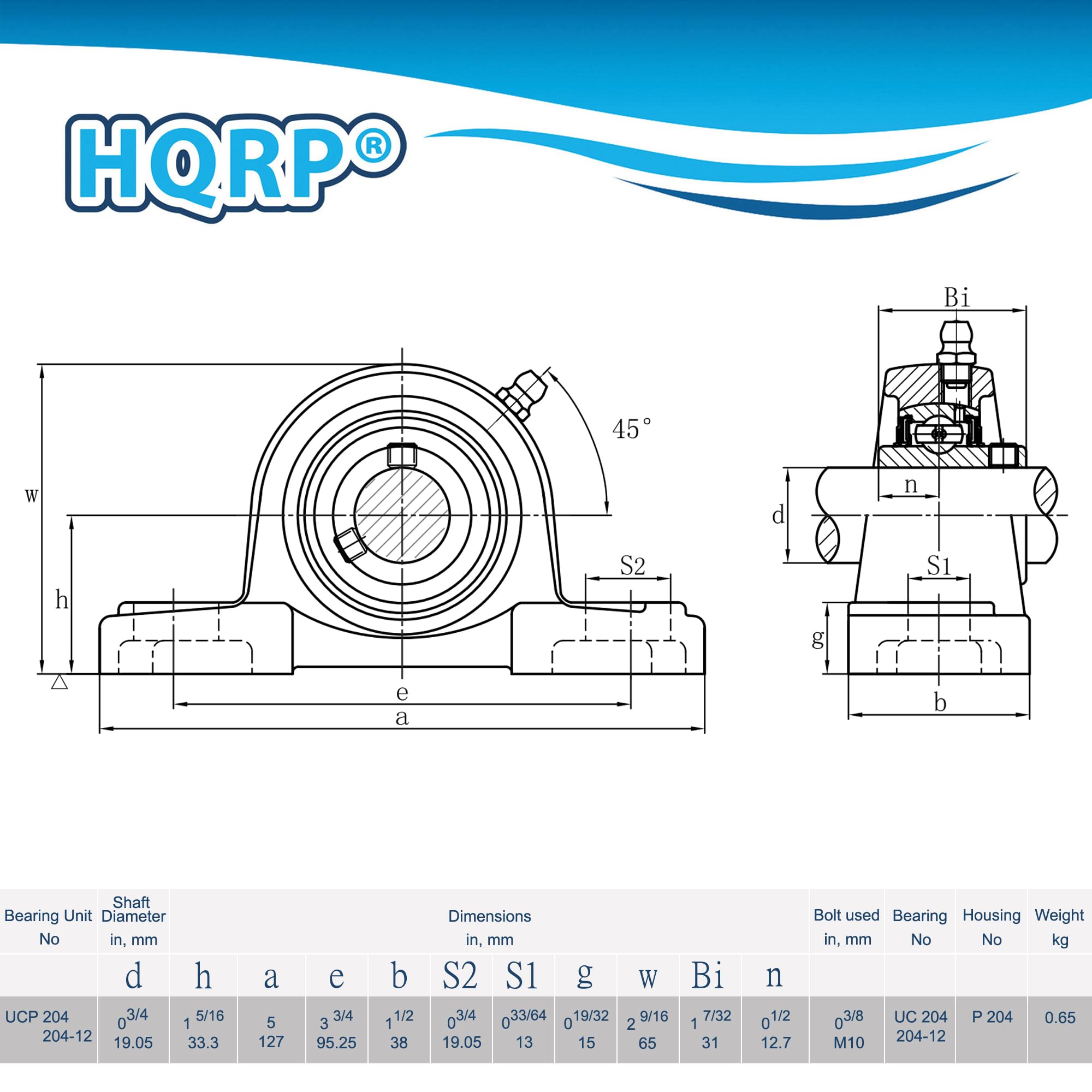 HQRP Bi 45 W d n h S2 S1 A e a 7 g b Shaft Bearing Unit Diameter No in, mm d h UCP 204 3/4 15/16 204-12 19.05 33.3 a 5 127 e 33/4 95.25 b 11/2 38 Dimensions in, mm S2 S1 g W Bi 03/4 033/64 g19/32 29/16 17/32 19.05 13 15 65 31 n 01/2 12.7 Bolt used Bearing Housing Weight in, mm No No kg 03/8 UC20 P204 0.65 M10 204-12