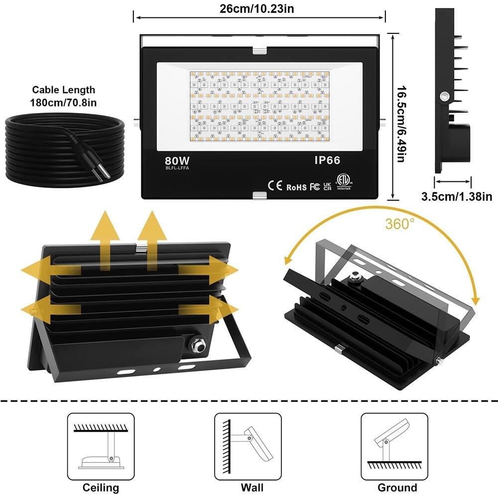 - **Dimensions:**
  - 26cm/10.23in (width)
  - 16.5cm/6.49in (height)
  - 3.5cm/1.38in (depth)

- **Cable Length:**
  - 180cm/70.8in

- **Power:**
  - 80W

- **Model:**
  - BLFL-LFFA

- **Certifications:**
  - IP66
  - CE
  - RoHS
  - FC
  - CB
  - PRS

- **Mounting Options:**
  - Ceiling
  - Wall
  - Ground

- **Rotation:**
  - 360°