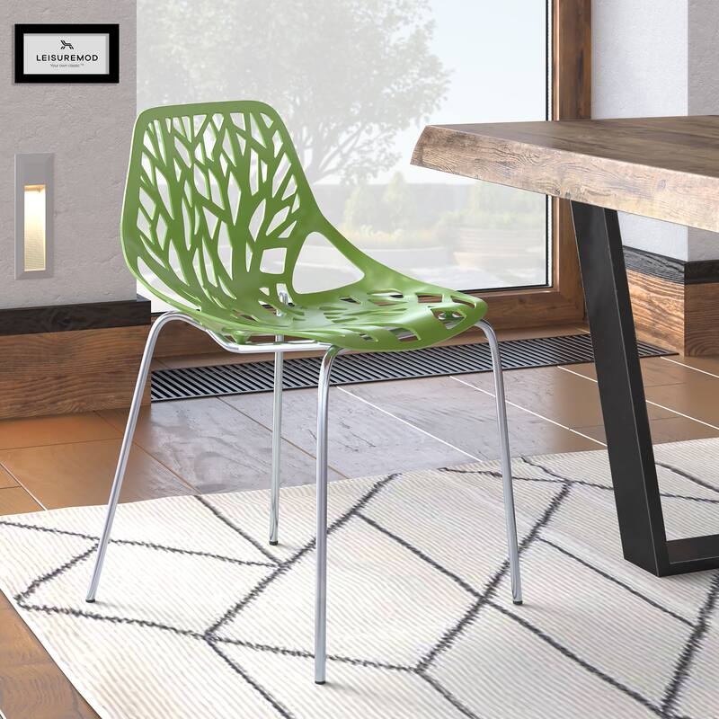 Angle. LeisureMod - Asbury Stackable Modern Dining Chair with Cut Out Design and Chrome Legs Side Chair for Home Living Room - Green.