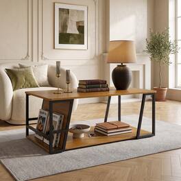 WELLFOR - 2 Tier Rectangle Coffee Table with Storage Shelf and Compartment, Industrial Accent Table for Living Room - Natural