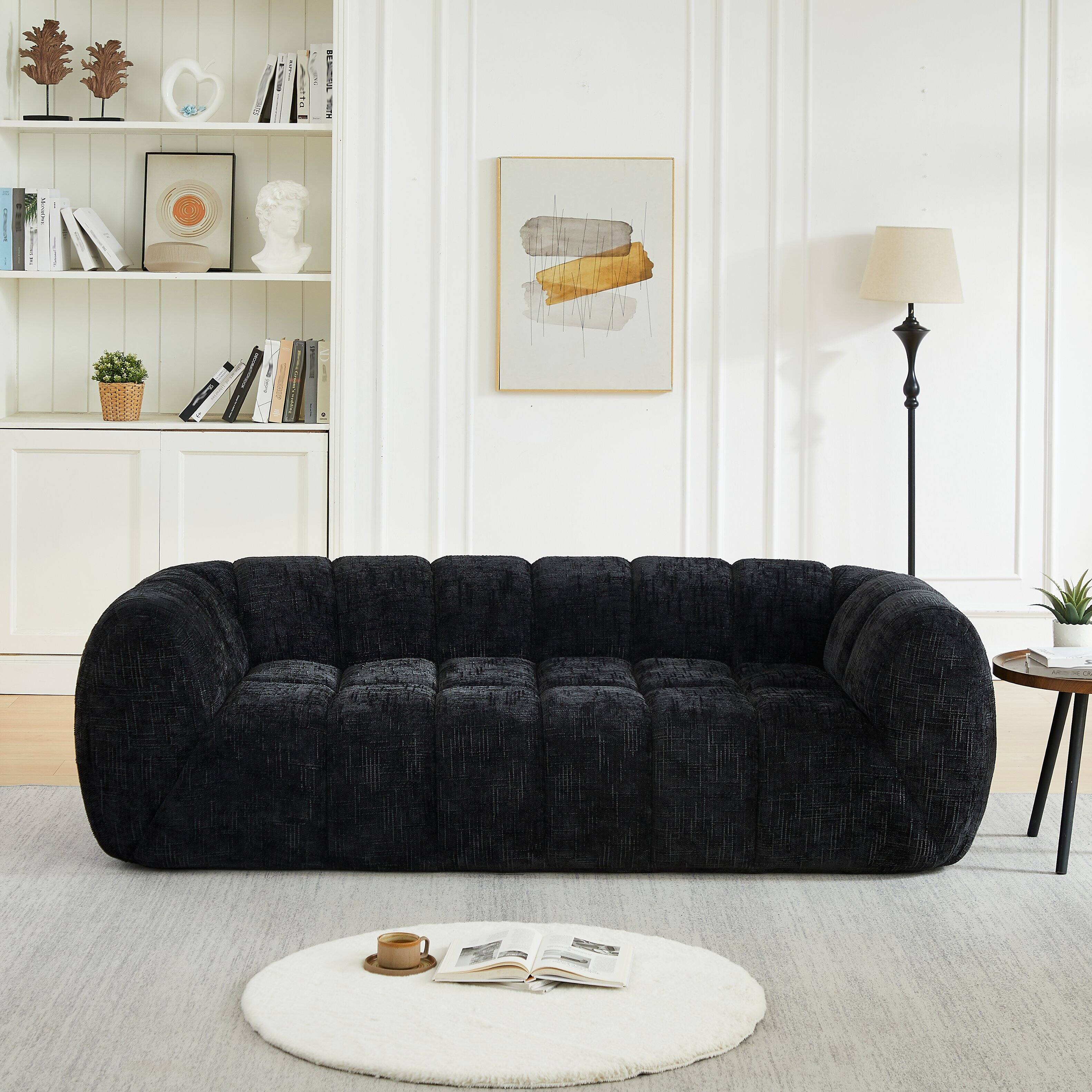 Front. Anysun - Comfortable Three-Seater Chenille Pure Foam Sofa – Modern Quilted Cloud Sofa, Deep-Seat Chenille - Black.