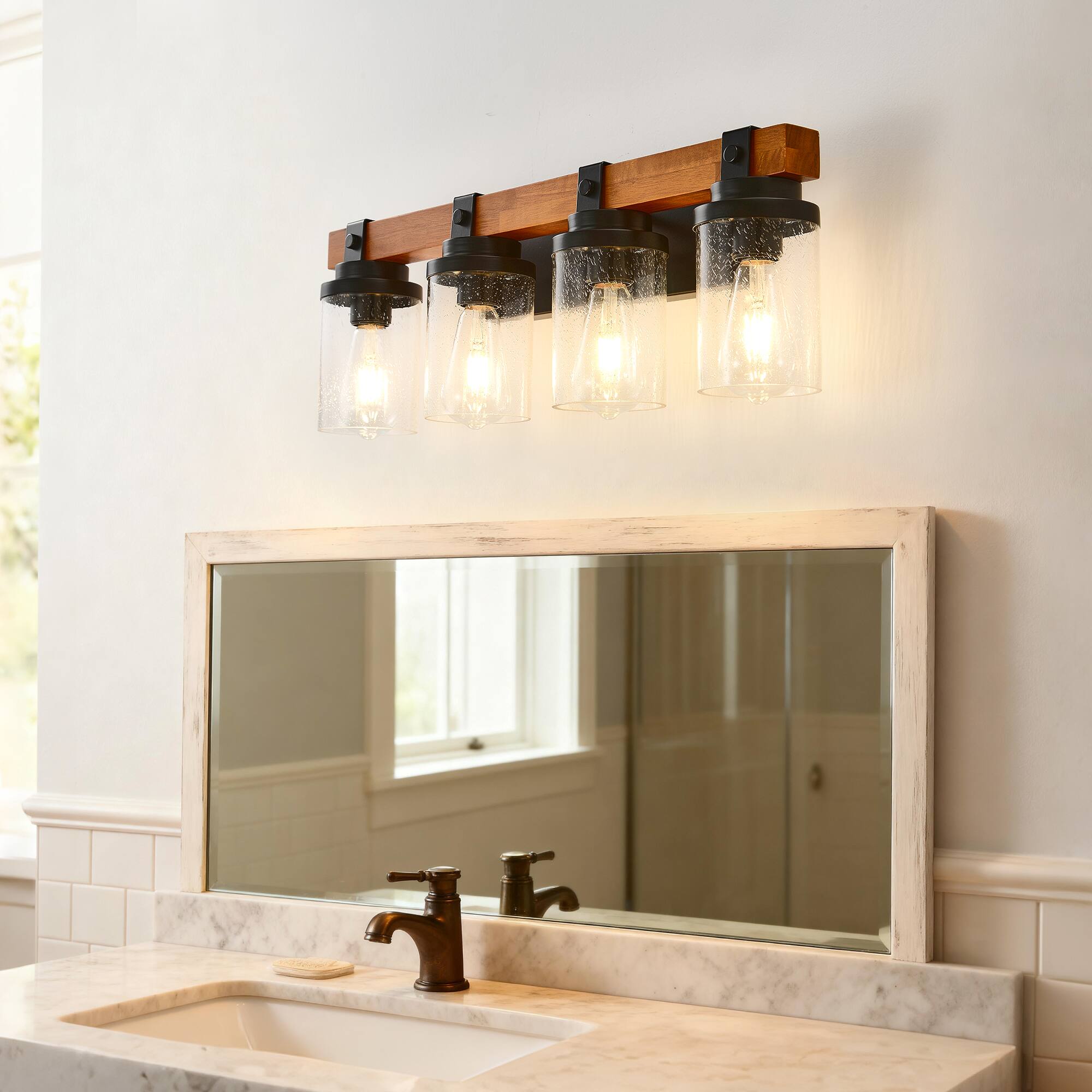 Left. TinyHomie - 4 Light Matte Black And Wooden Wall Lamps With Glass Lamp Shade No Bulbs For Dinning Room Hallway Bedroom.