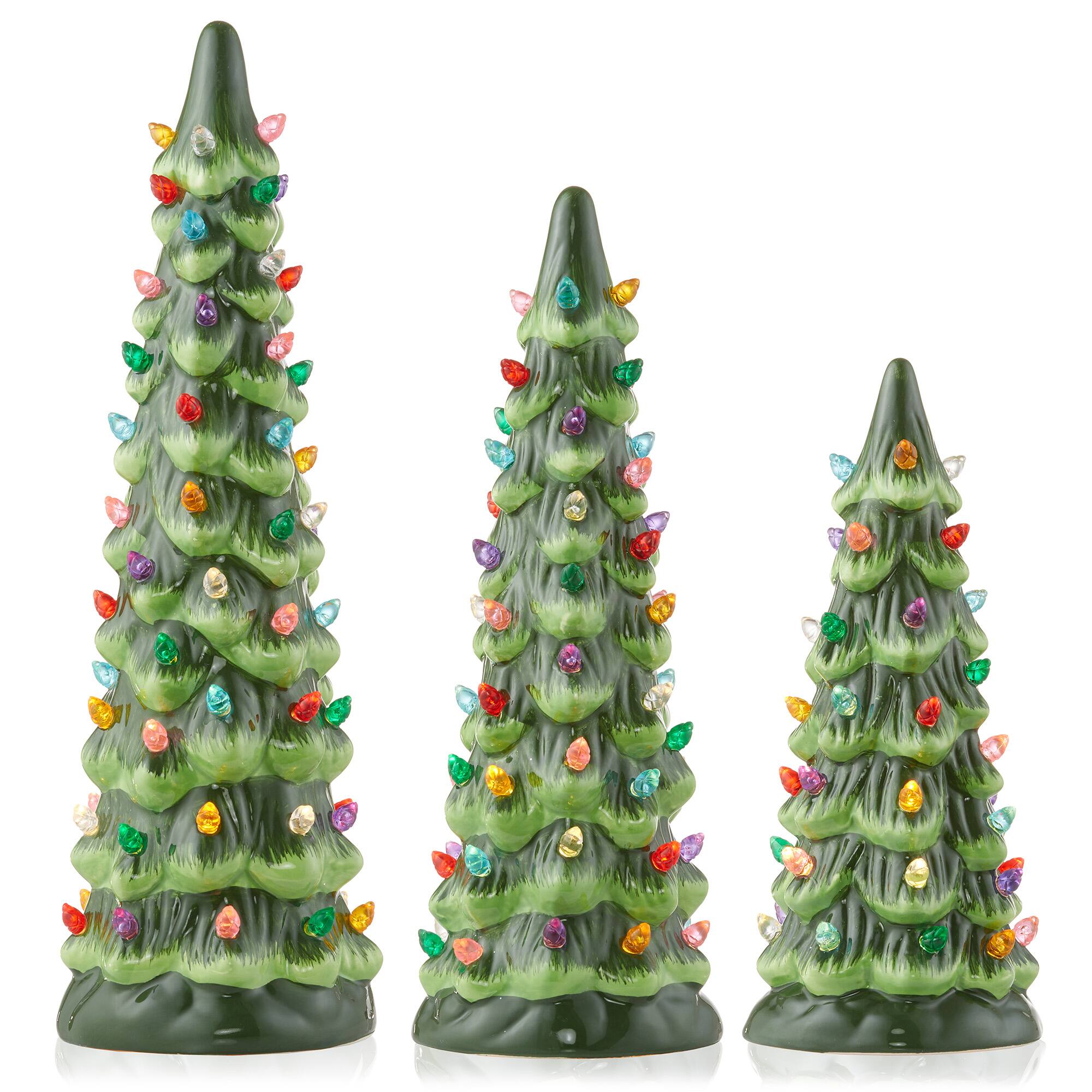 Alt View 2. Casafield - 3PC Set 8/10/12" Pre-Lit Ceramic Christmas Trees with Lights - Green w/ Multicolor.