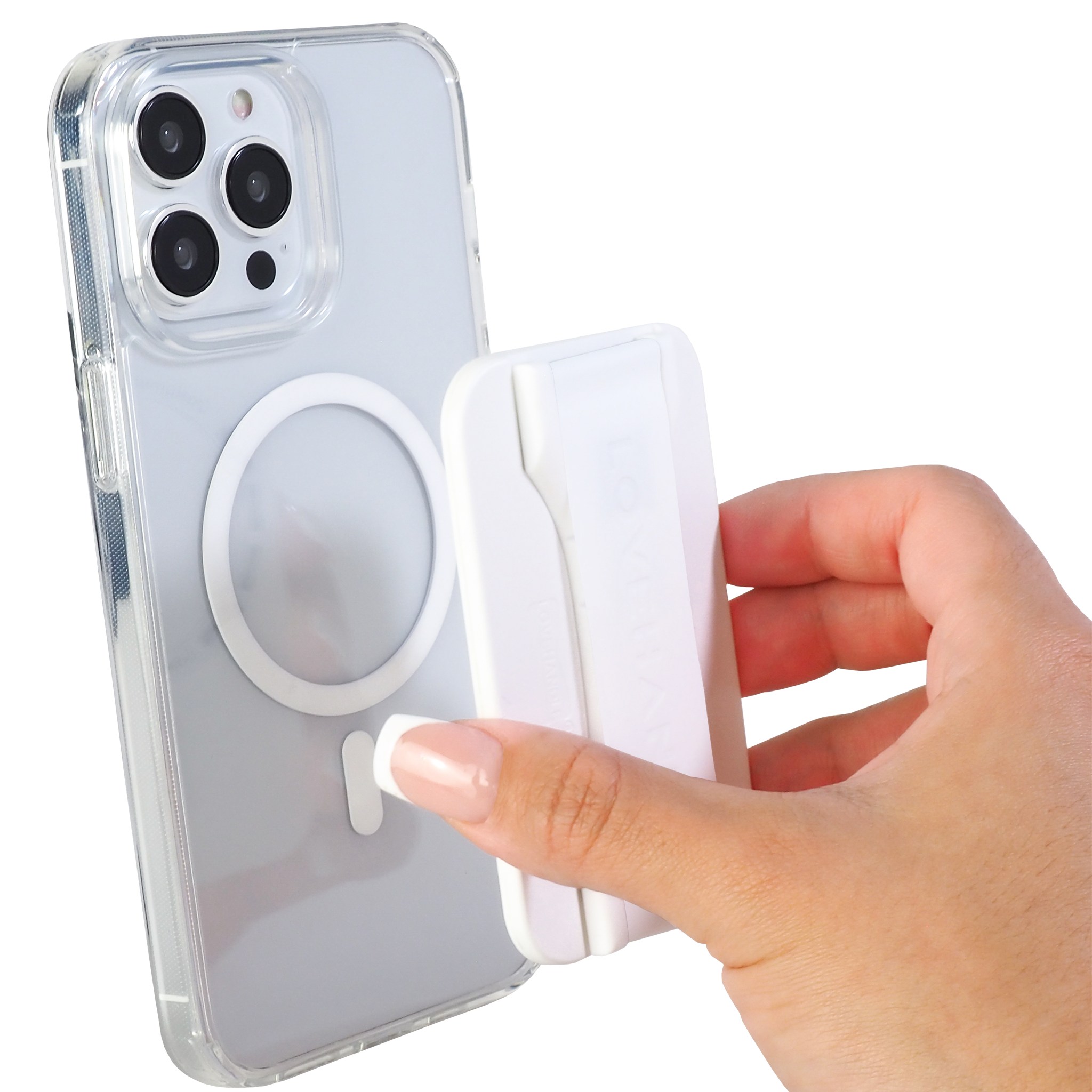 Left. LoveHandle - PRO MagSafe Compatible Magnetic Phone Grip w/Kickstand, Mount, Strap and Stand for Smartphone and Tablet, MagSafe Ring - White.