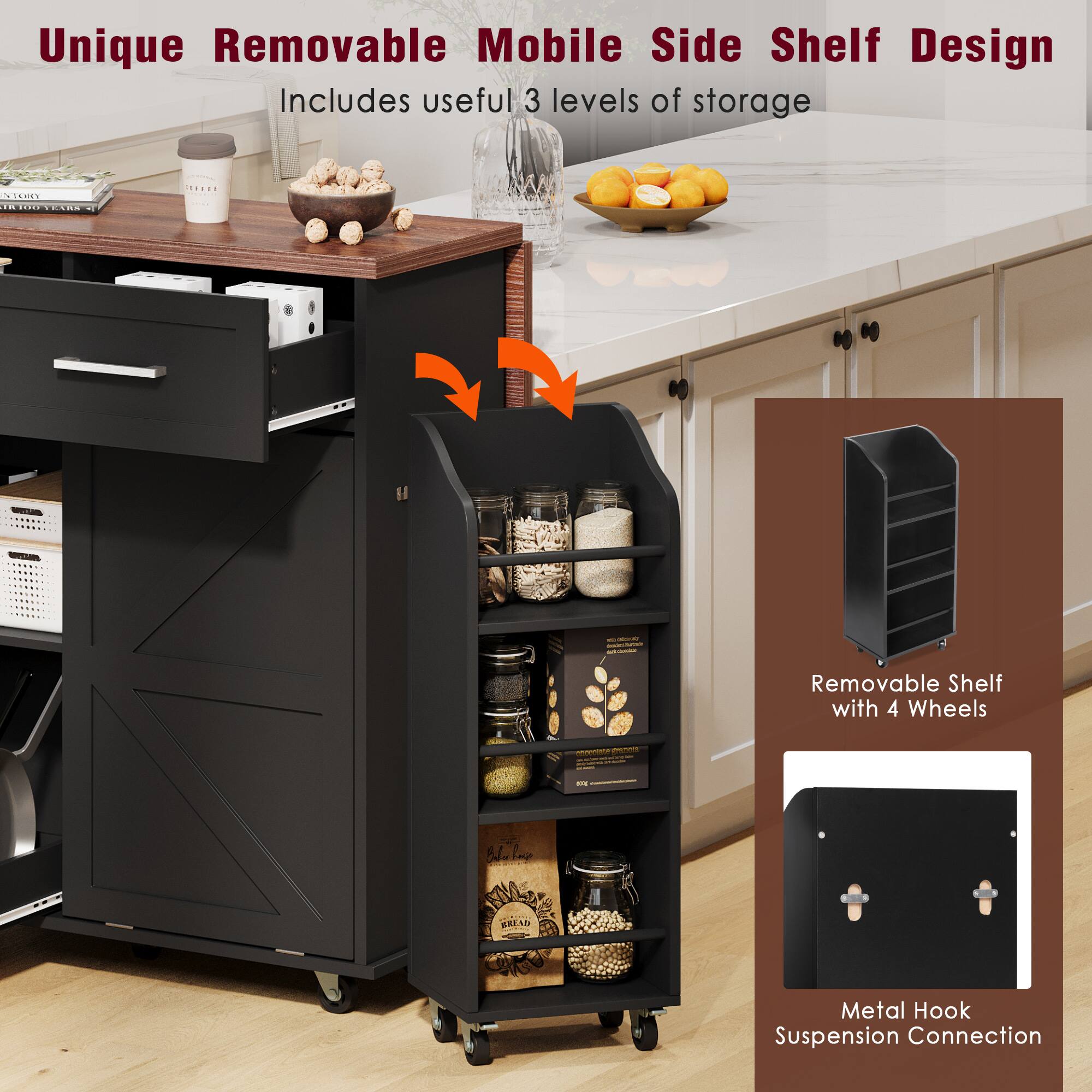 Unique Removable Mobile Side Shelf Design  
Includes useful 3 levels of storage  

- Removable Shelf with 4 Wheels  
- Metal Hook Suspension Connection