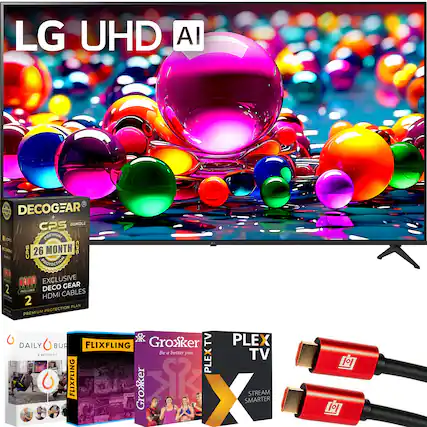 LG UHD AI
DEOCGEAR®
CPS BUNDLE
26 MONTH CPS PROTECTION
EXCLUSIVE DECO GEAR
INCLUDES HDMI CABLES
PREMIUM PROTECTION PLAN
DAILY BURN
A BETTER YOU
FLIXFLING
Groxker TV
Be a better you
PLEX TV
STREAM SMARTER
HDMI CABLES