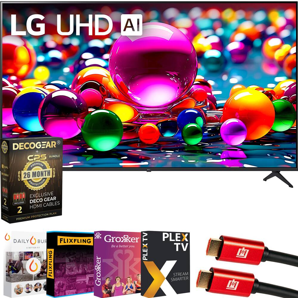 LG UHD AI

DEOCGEAR®
CPS BUNDLE
26 MONTH CPS PROTECTION
EXCLUSIVE DECO GEAR
INCLUDES HDMI CABLES
PREMIUM PROTECTION PLAN

DAILY BURN
A BETTER YOU

FLIXFLING

Groxker TV
Be a better you

PLEX TV
STREAM SMARTER

HDMI CABLES