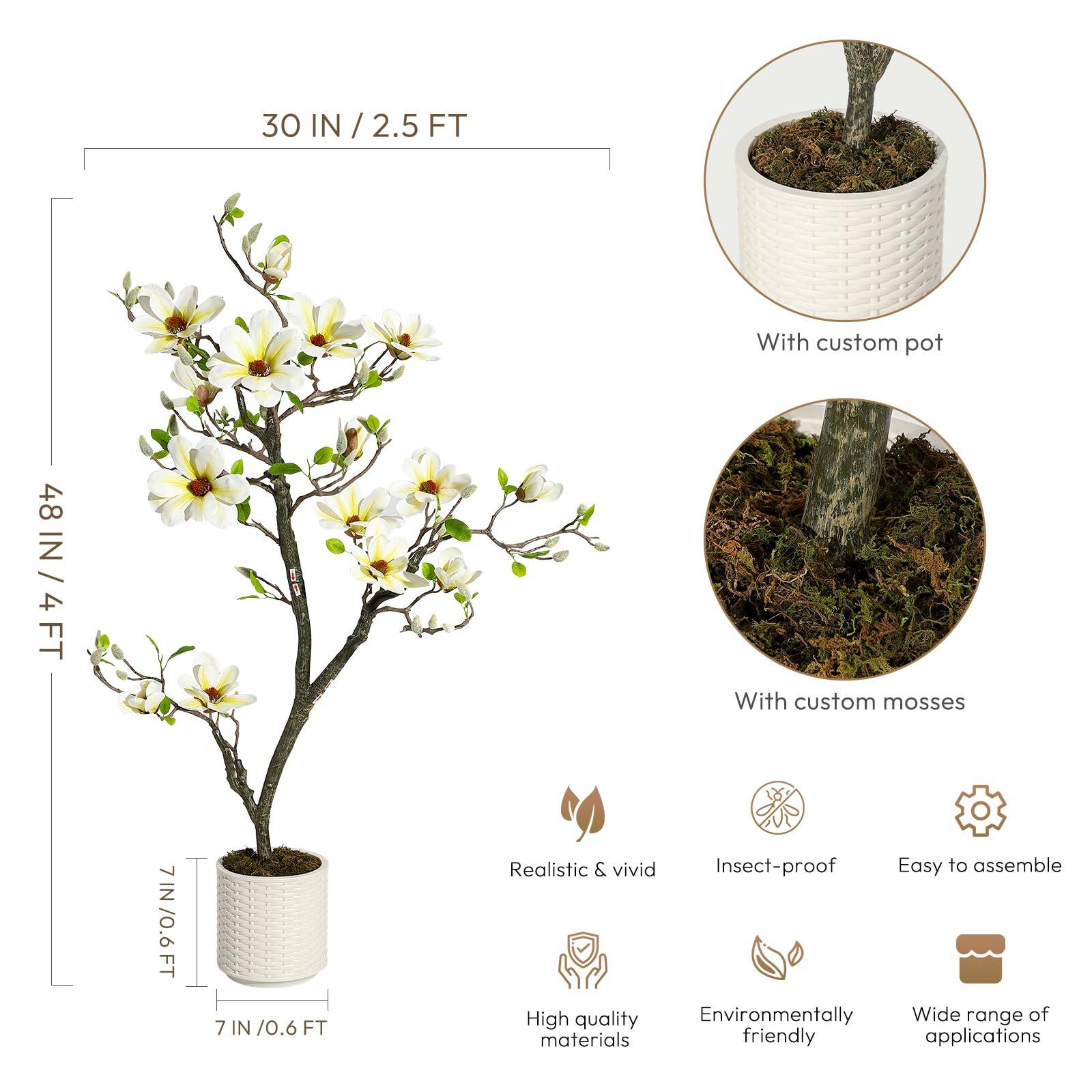 30 IN / 2.5 FT  
48 IN / 4 FT  
7 IN / 0.6 FT  

With custom pot  
With custom mosses  

Realistic & vivid  
Insect-proof  
Easy to assemble  
High quality materials  
Environmentally friendly  
Wide range of applications