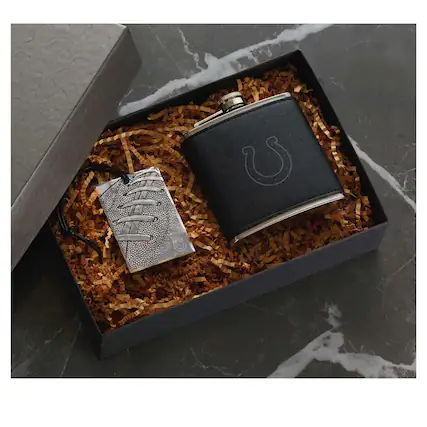 Front. Wendell August Forge - Indianapolis Colts 5oz.Traveler Flask & Bag Tag Gift Set - Silver.