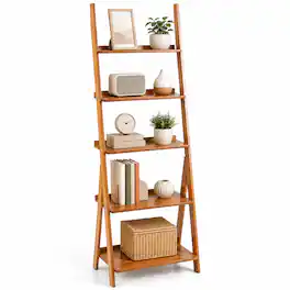 Costway - 5-Tier Bamboo Ladder Shelf Bookshelf Display Storage Rack Flower Stand - Natural