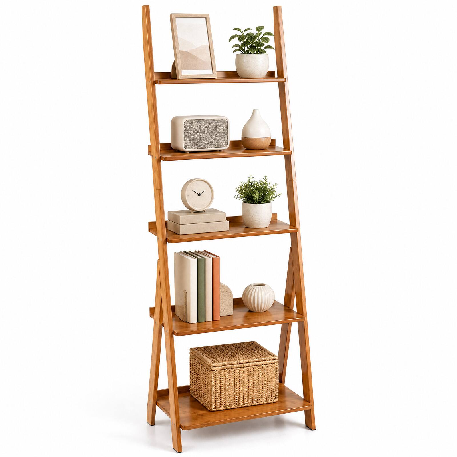 Front. Costway - Costway 5-Tier Bamboo Ladder Shelf Bookshelf Display Storage Rack Flower Stand - Natural.