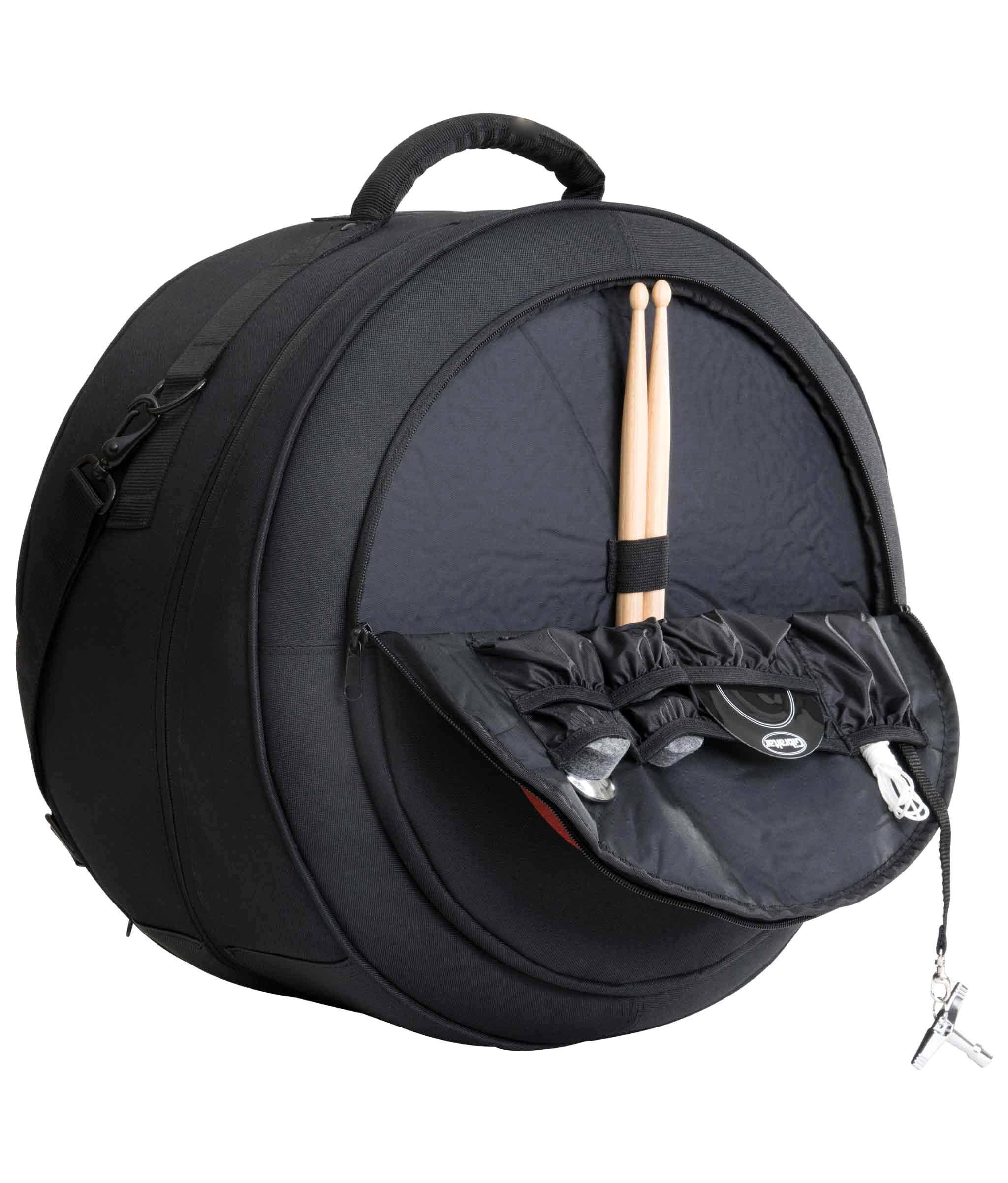 Back. Gibraltar Hardware - 14" Pro Fit Deluxe Snare Drum Bag with Cross-Cut Zipper, Plush Interior Padding, Shoulder Strap and Accessory Pocket.