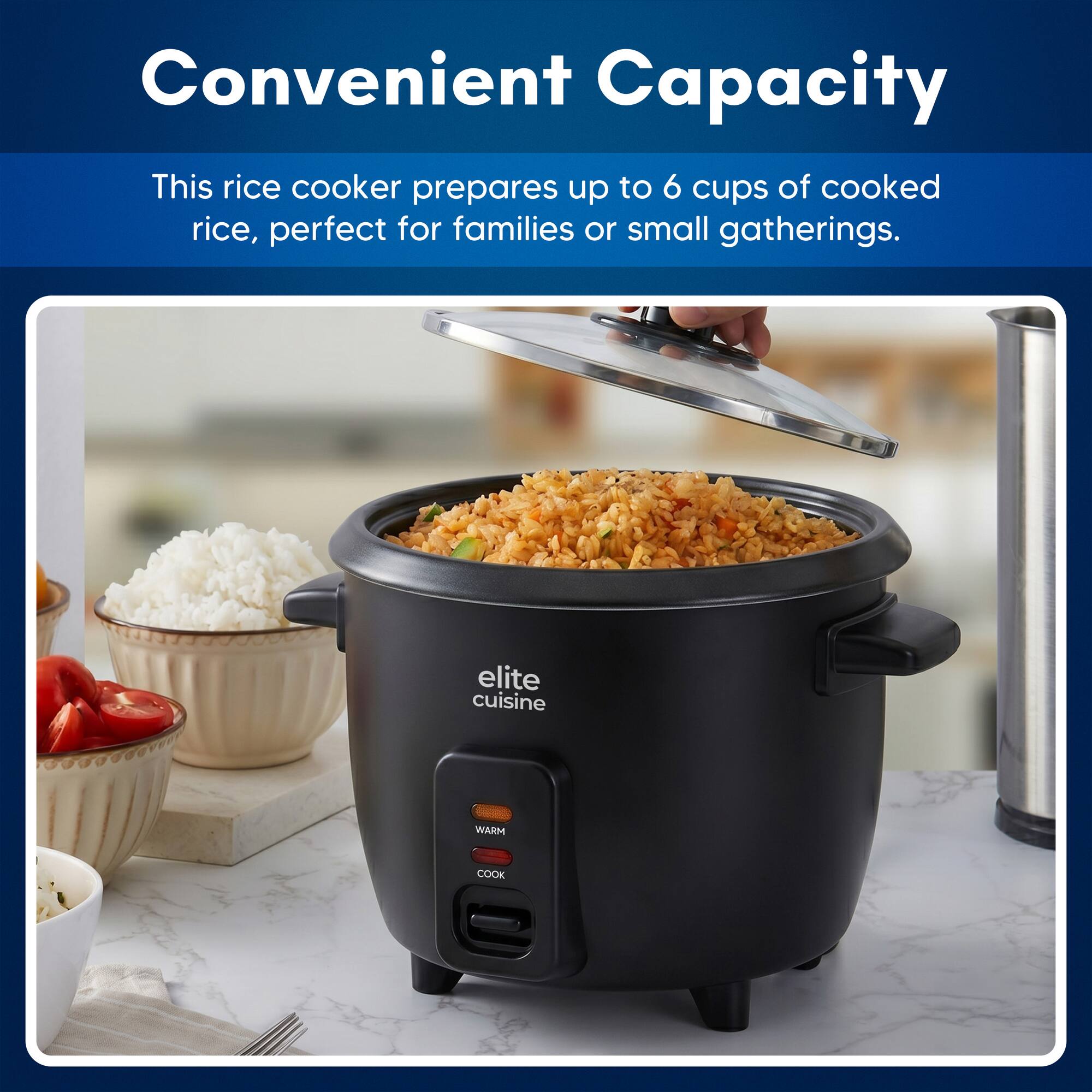 Convenient Capacity

This rice cooker prepares up to 6 cups of cooked rice, perfect for families or small gatherings.

elite cuisine

WARM COOK