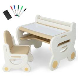Pefilos - Kids Drawing Table and Chair Set with Watercolor Pens and Blackboard Eraser- Toddler Table and Chair Set for Arts - Brown