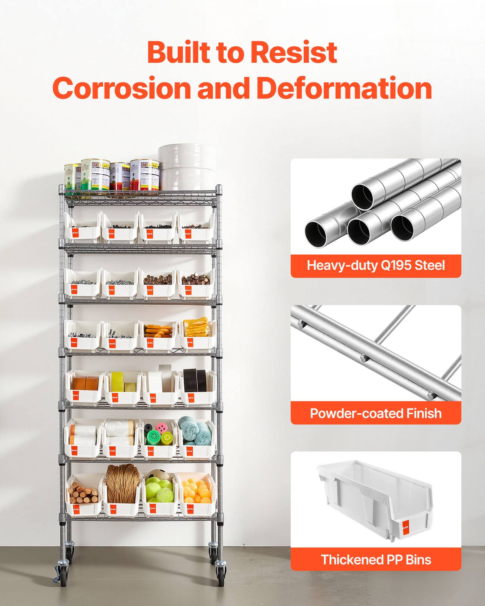Built to Resist Corrosion and Deformation

- Heavy-duty Q195 Steel
- Powder-coated Finish
- Thickened PP Bins