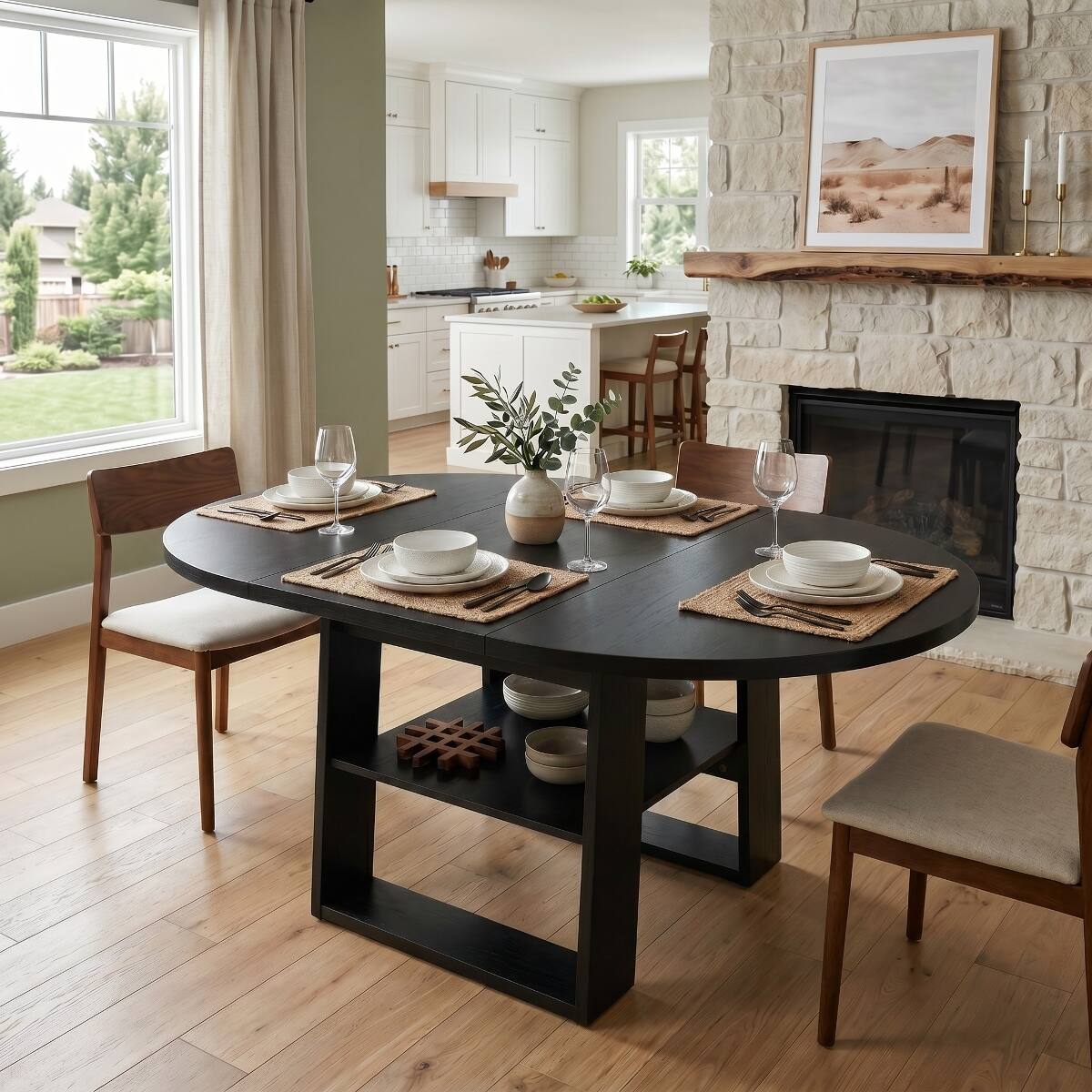 Loheer - Extendable Round Dining Table, Particle Board, Round to Oval Table for Four to Six - Black