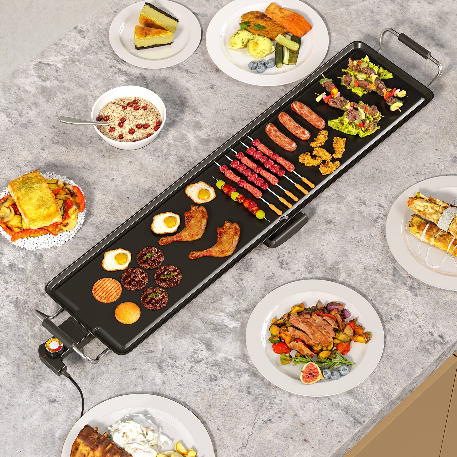 Angle. SKONYON - Electric Griddle with Large Cooking Surface Fast Heating and Multiple Accessories - Black.