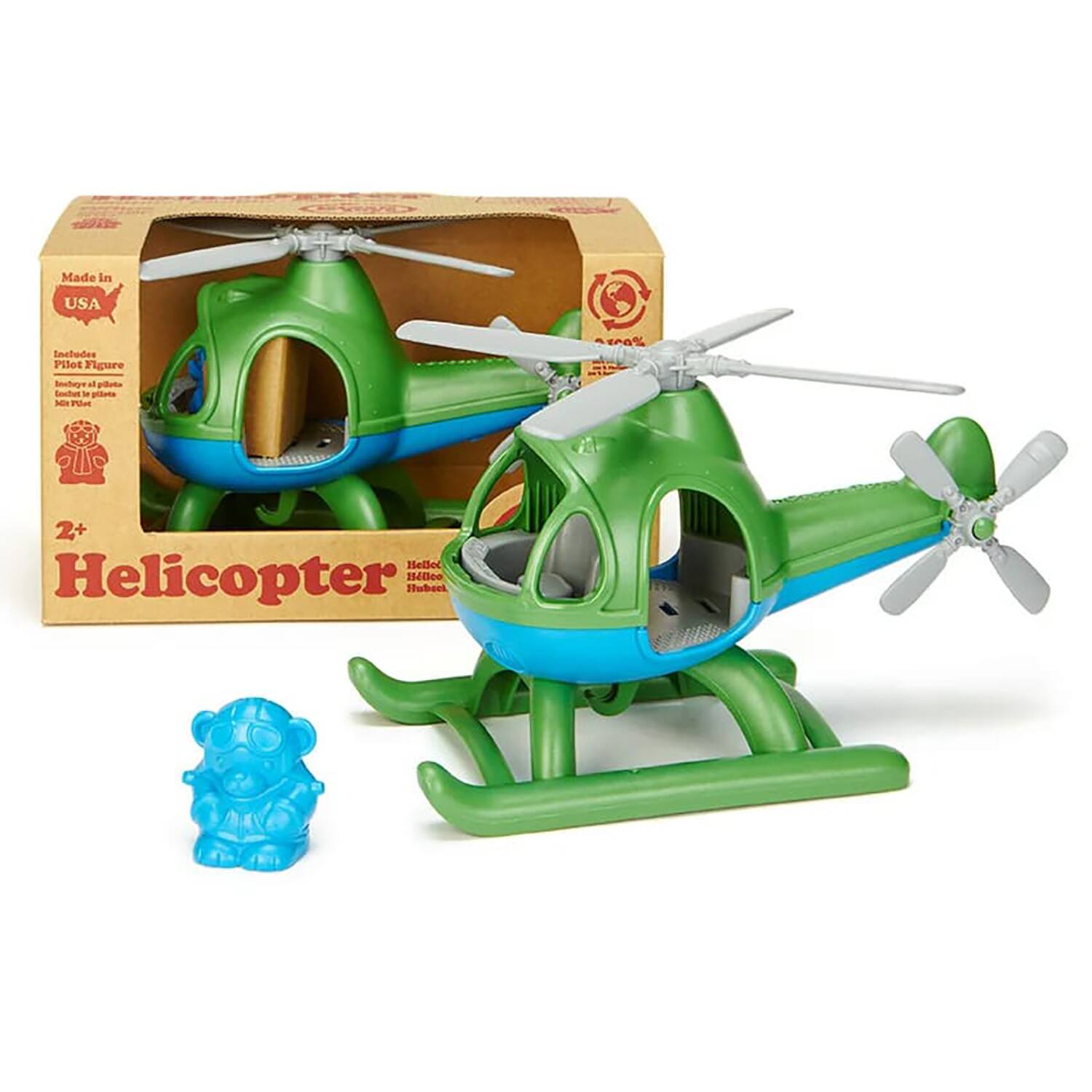 The text on the image reads: "Made in USA Includes Pilot Figure - Includes 2+ Helicopter - 100% PC - 60% PC."