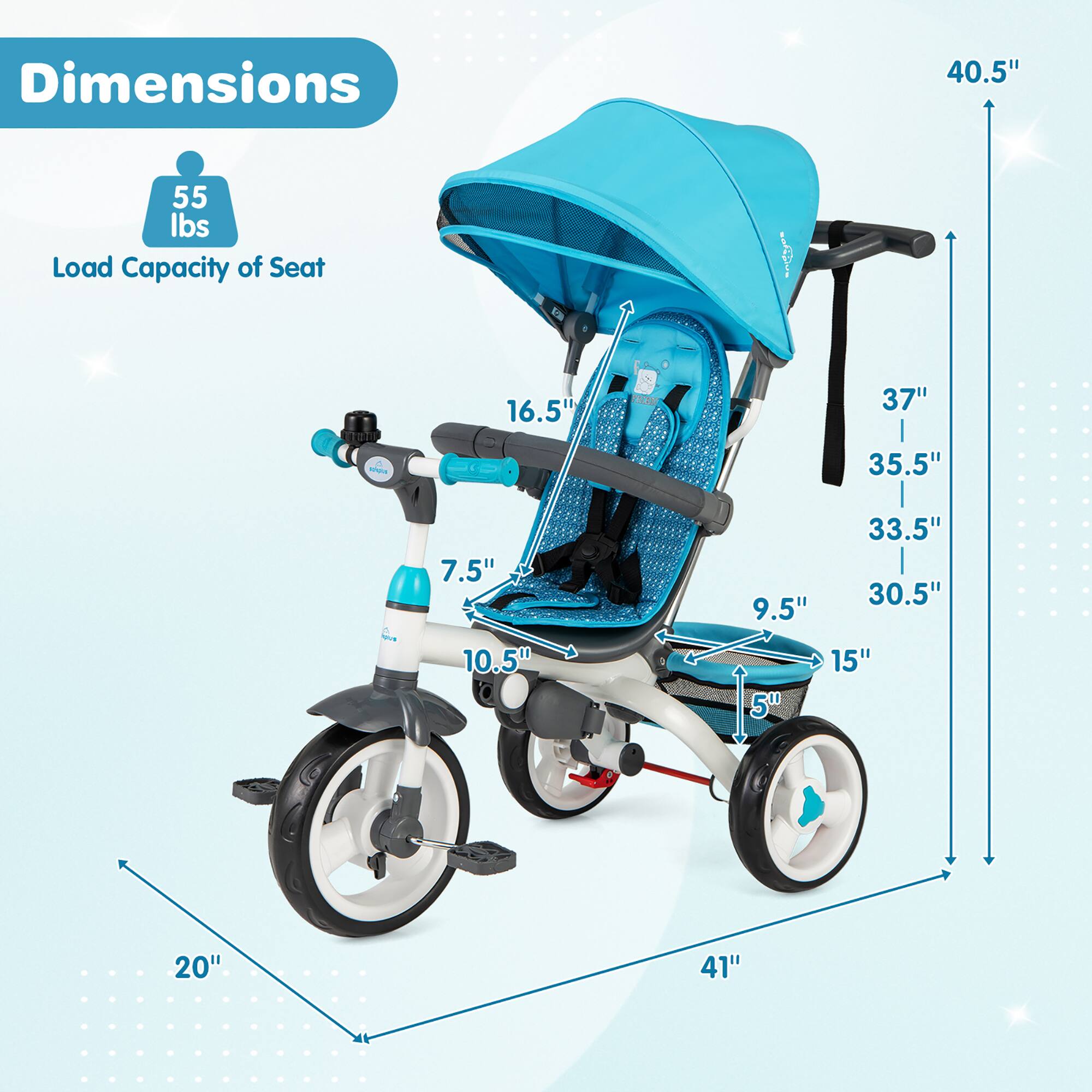 Dimensions  
- 40.5"  
- 37"  
- 35.5"  
- 33.5"  
- 30.5"  
- 20"  
- 16.5"  
- 15"  
- 10.5"  
- 9.5"  
- 7.5"  
- 5"  

Load Capacity of Seat: 55 lbs