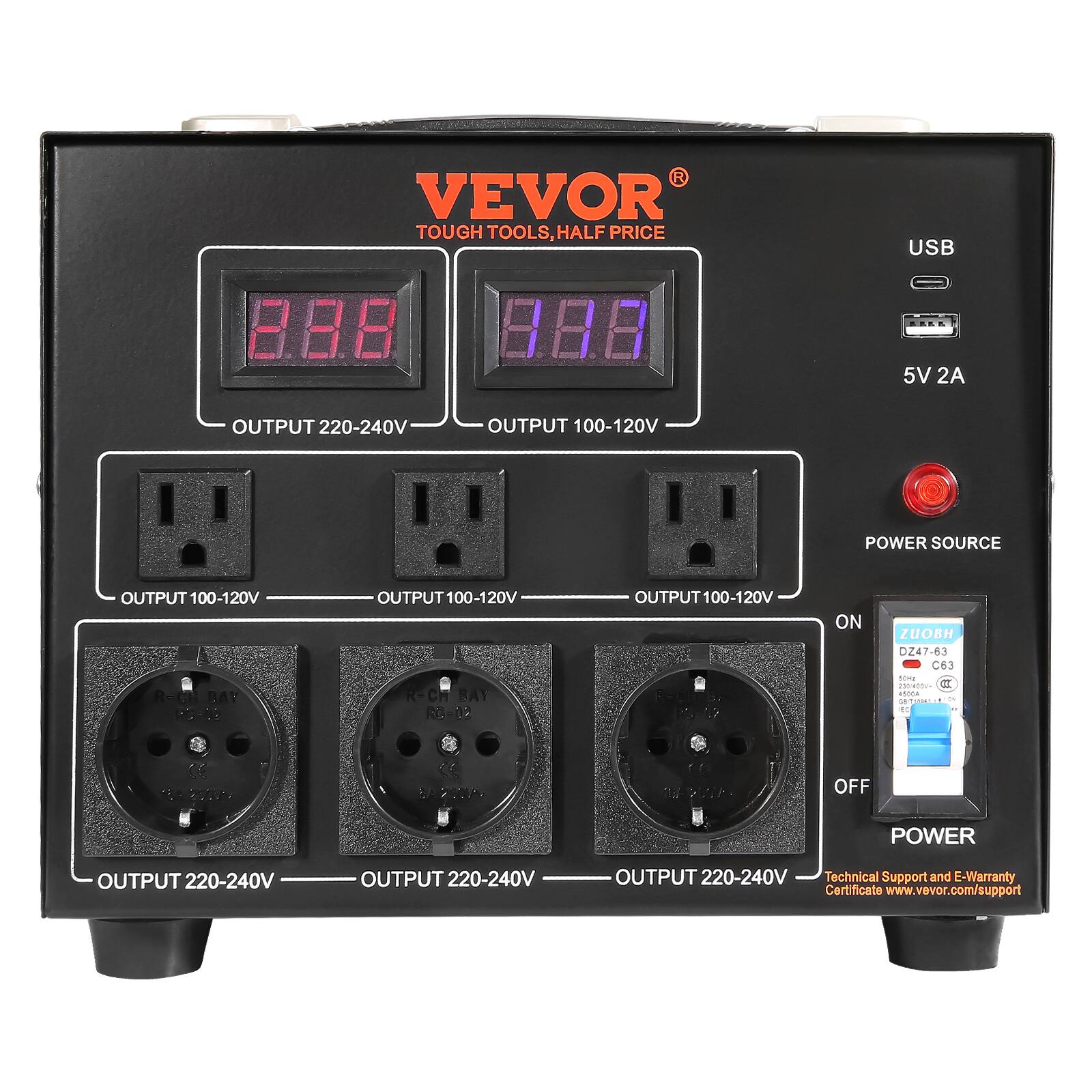VEVOR TOUGH TOOLS, HALF PRICE

USB
5V 2A

OUTPUT 220-240V
OUTPUT 100-120V

POWER SOURCE

ON
OFF

POWER

R-CH BAY
RC-08

ZUOBH
DZ47-63
C63
50
230(400)~ oz 4500A

CE 25000

Technical Support and E-Warranty Certificate
www.vevor.com/support