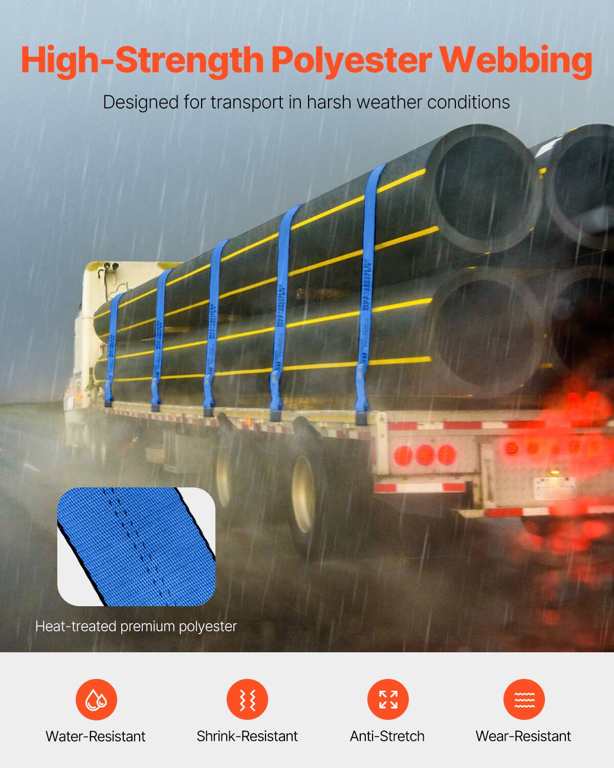 High-Strength Polyester Webbing  
Designed for transport in harsh weather conditions  

Heat-treated premium polyester  
Water-Resistant  
Shrink-Resistant  
Anti-Stretch  
Wear-Resistant