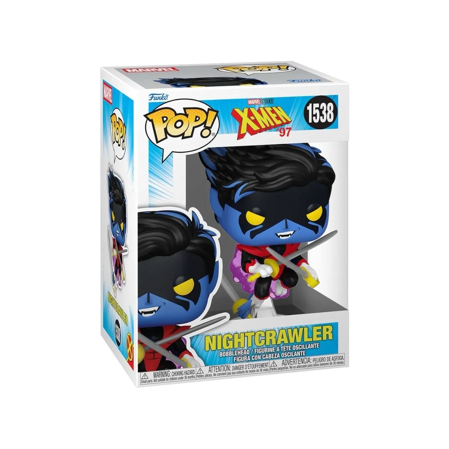 Sure, here is the corrected and grouped text from the image:

---

**Funko POP!**

**MARVEL STUDIOS X-MEN 97**

**1538**

**NIGHTCRAWLER**

**BOBBLEHEAD / FIGURINE À TÊTE OSCILLANTE / FIGURA CON CABEZA OSCILANTE**

**ADVERTENCIA: PEIGUE D'ASHXA D'TOUFFEMENT / ATTENTION: DANGER / WARNING: CHOKING HAZARD**

**WARNING: CHOKING HAZARD - Small parts. Not for children under 3 years.**

**18+**

---

This text is organized to reflect the information on the packaging.