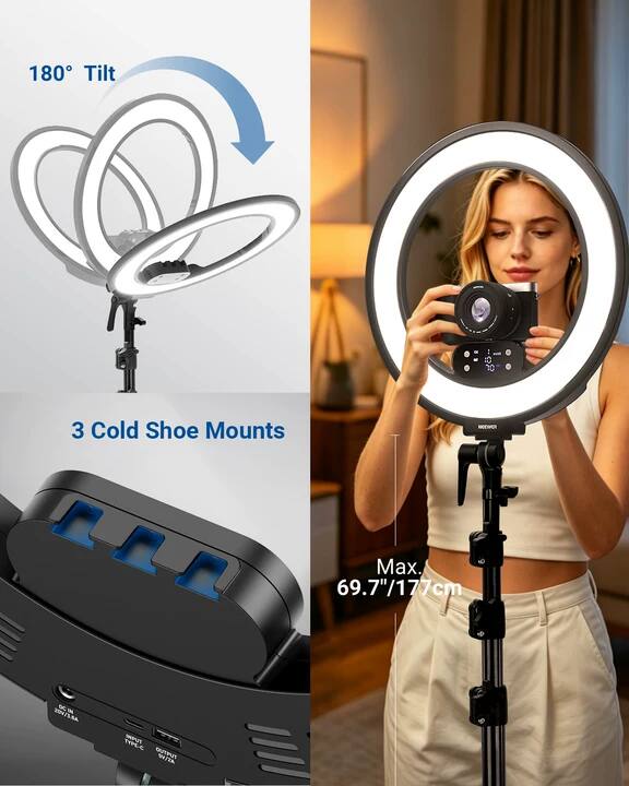 180° Tilt  
- 3 Cold Shoe Mounts  
- Max. 69.7"/177cm  
E30  
- n/LRA  
- TYPE-C OUTPUT WA