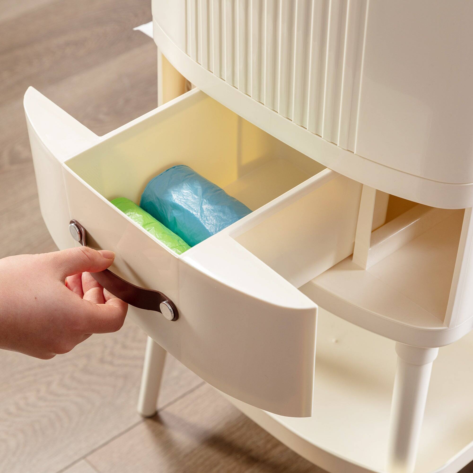 Alt View 2. Vecelo - Kitchen Trash Can with Press-Type Lid - Dual Compartment Pet Proof Garbage Bin, Tissue Holder & Storage Drawer - Beige.