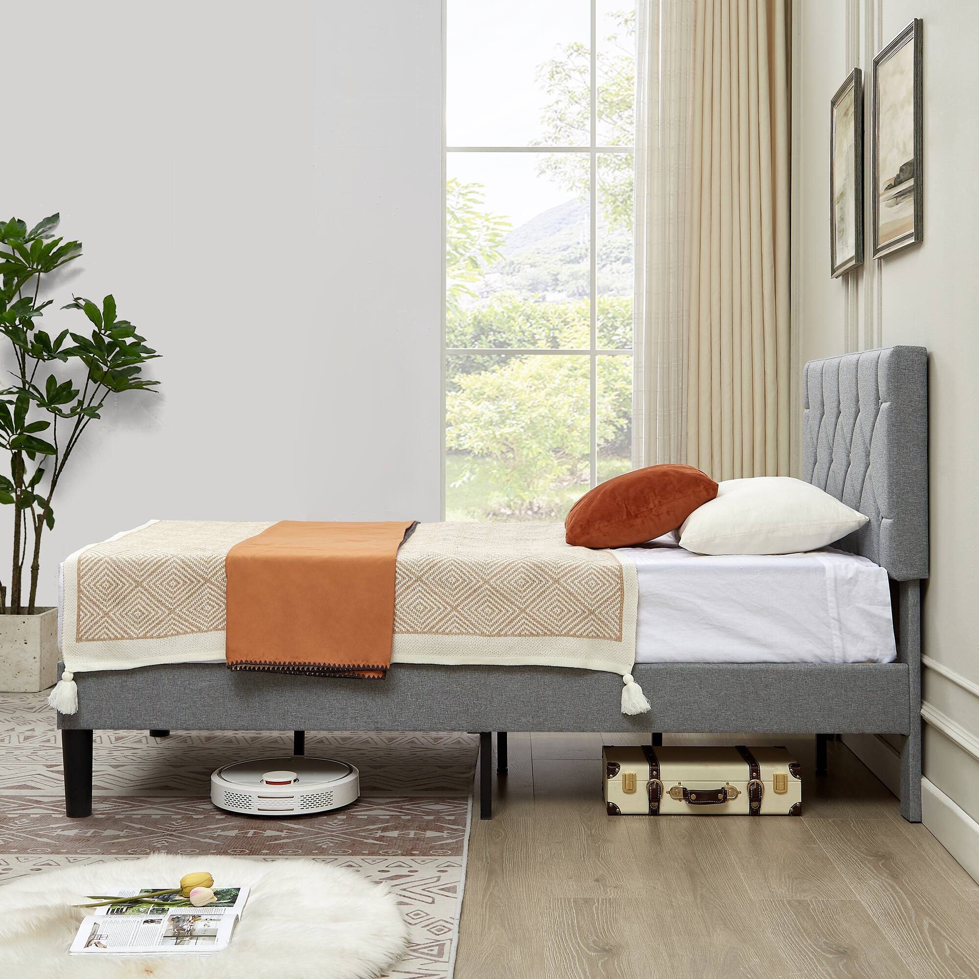 Alt View 5. Vecelo - Twin Bed Frame with Upholstered Headboard, Heavy Duty Wooden Bed Slats - Noiseless Platform Bed, No Box Spring Required - Grey.