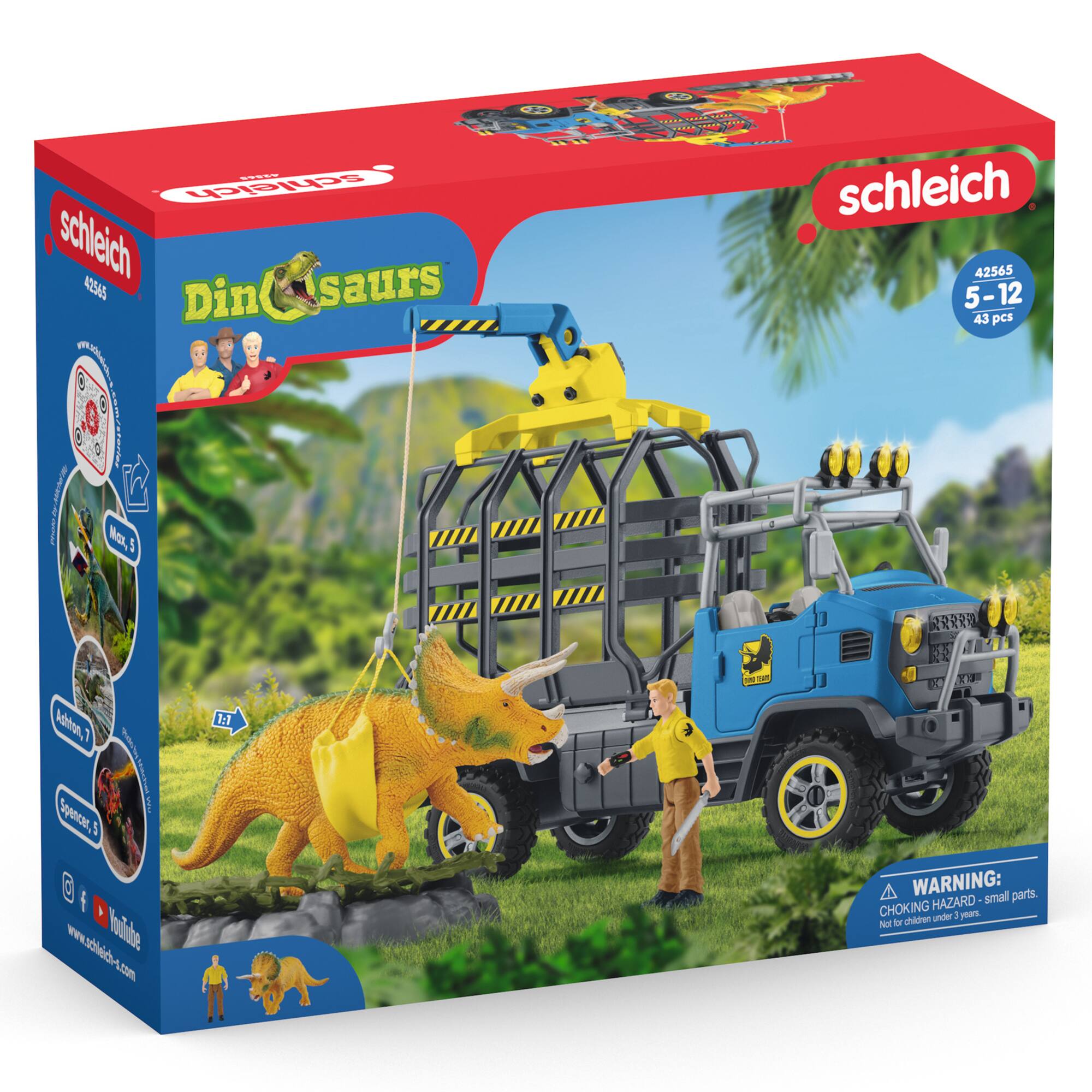 The text on the image is:

"schleich 42565 Dinosaurs E 2! 5-12 43 PCS Addition 1 17  www.schleich.com WWE diito hulide 10% 1:1 iN P - R - 93 00  WARNING: small parts. CHOKING HAZARD children under 1 years. Not for use by children under 1 year."