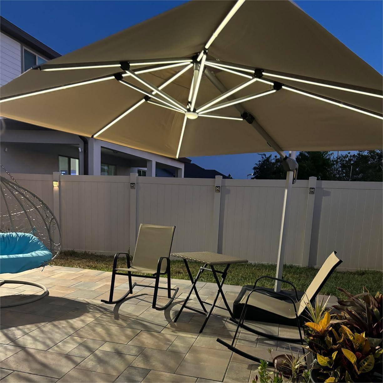 Angle. PURPLE LEAF - 9' X 12' Patio Rectangle Aluminum Solar Powered LED Cantilever Outdoor Offset Umbrella with Base for Garden Deck Pool - Beige.