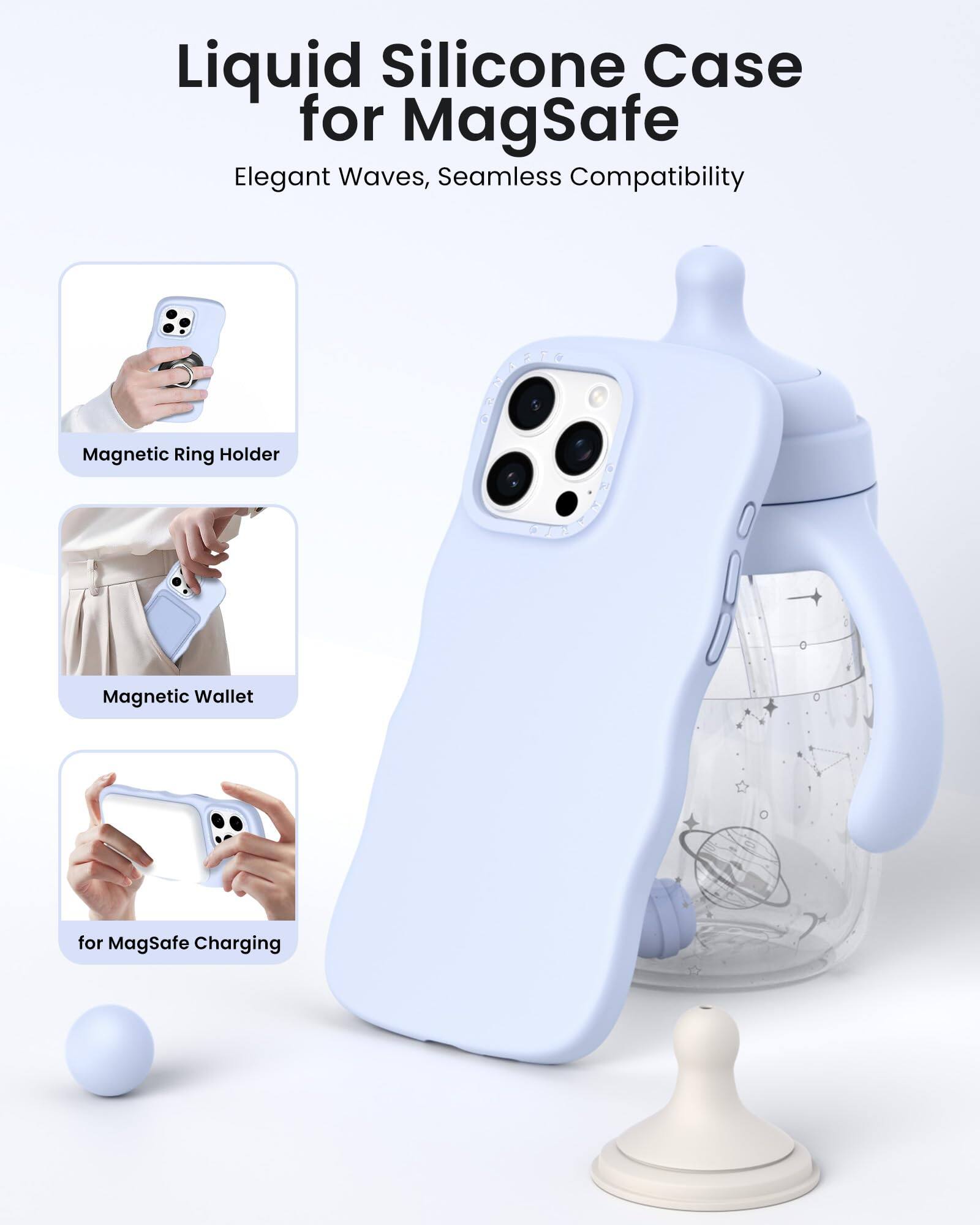 Liquid Silicone Case for MagSafe  
Elegant Waves, Seamless Compatibility  

- Magnetic Ring Holder  
- Magnetic Wallet  
- for MagSafe Charging