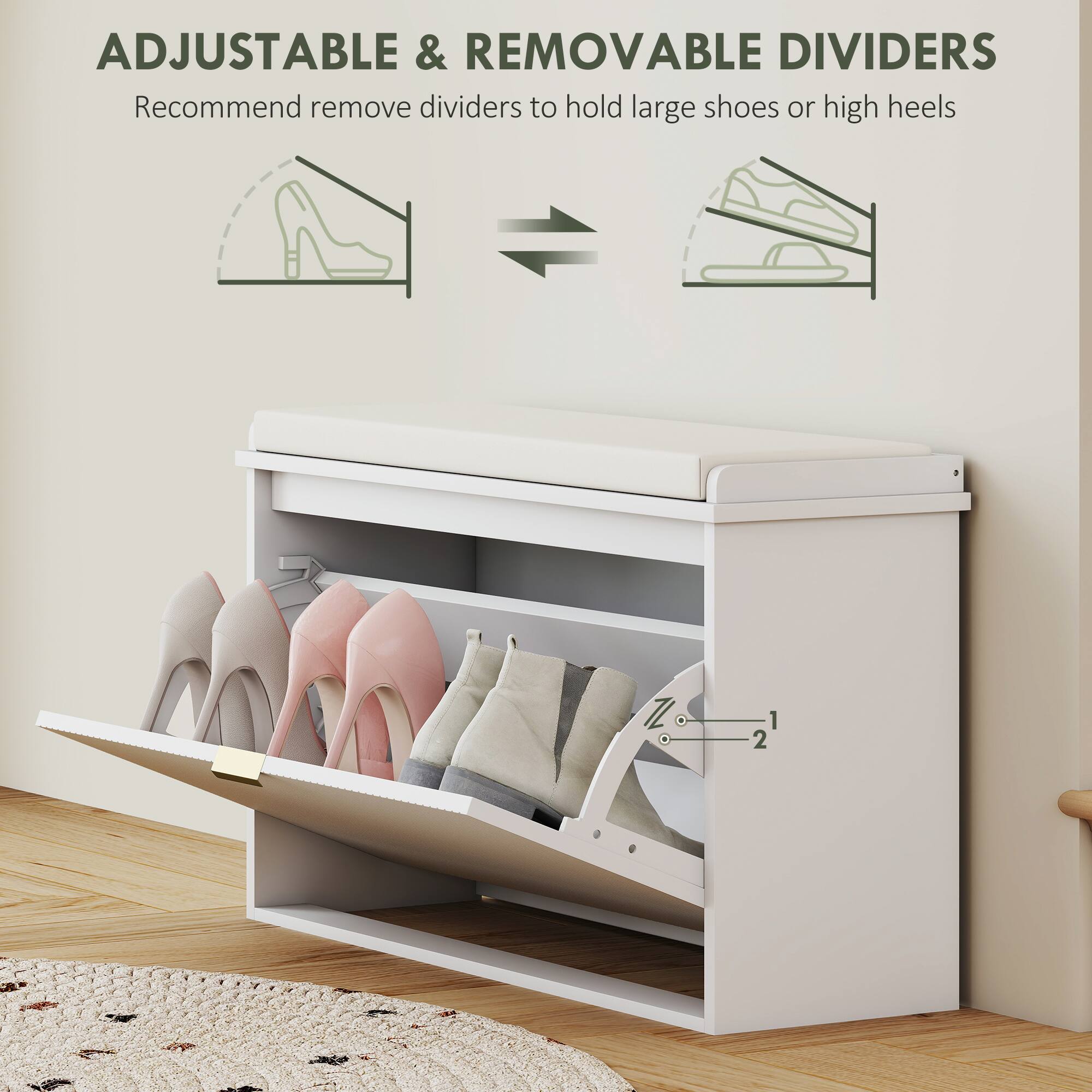 ADJUSTABLE & REMOVABLE DIVIDERS Recommend remove dividers to hold large shoes or high heels Z 1 2