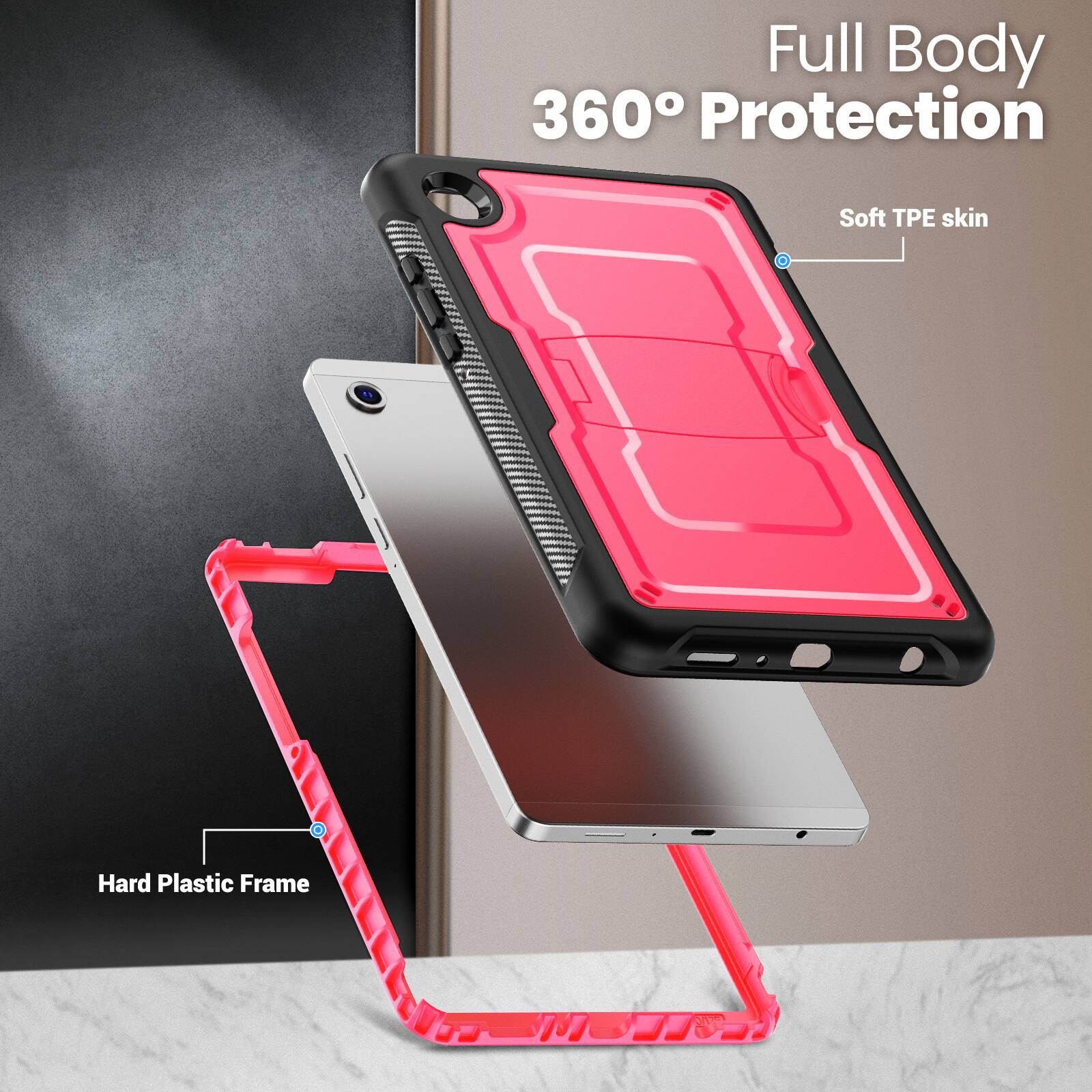 Full Body 360° Protection  
Soft TPE skin  
Hard Plastic Frame