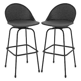 Gymax - Rattan Swivel Barstools Set of 2 w/ Curved Back & Heavy-Duty Metal Support - Black