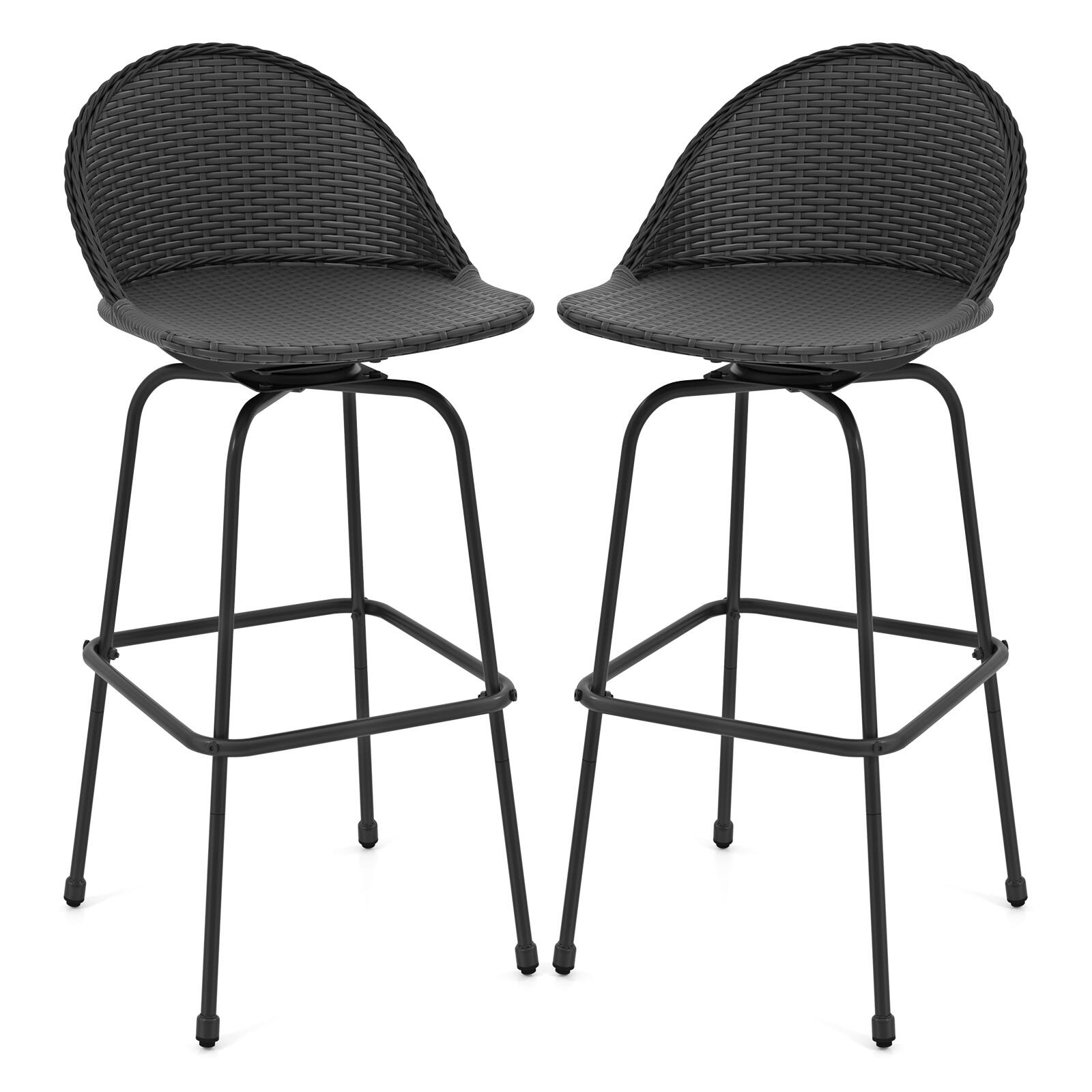 Front. Gymax - Gymax Rattan Swivel Barstools Set of 2 w/ Curved Back & Heavy-Duty Metal Support - Black.