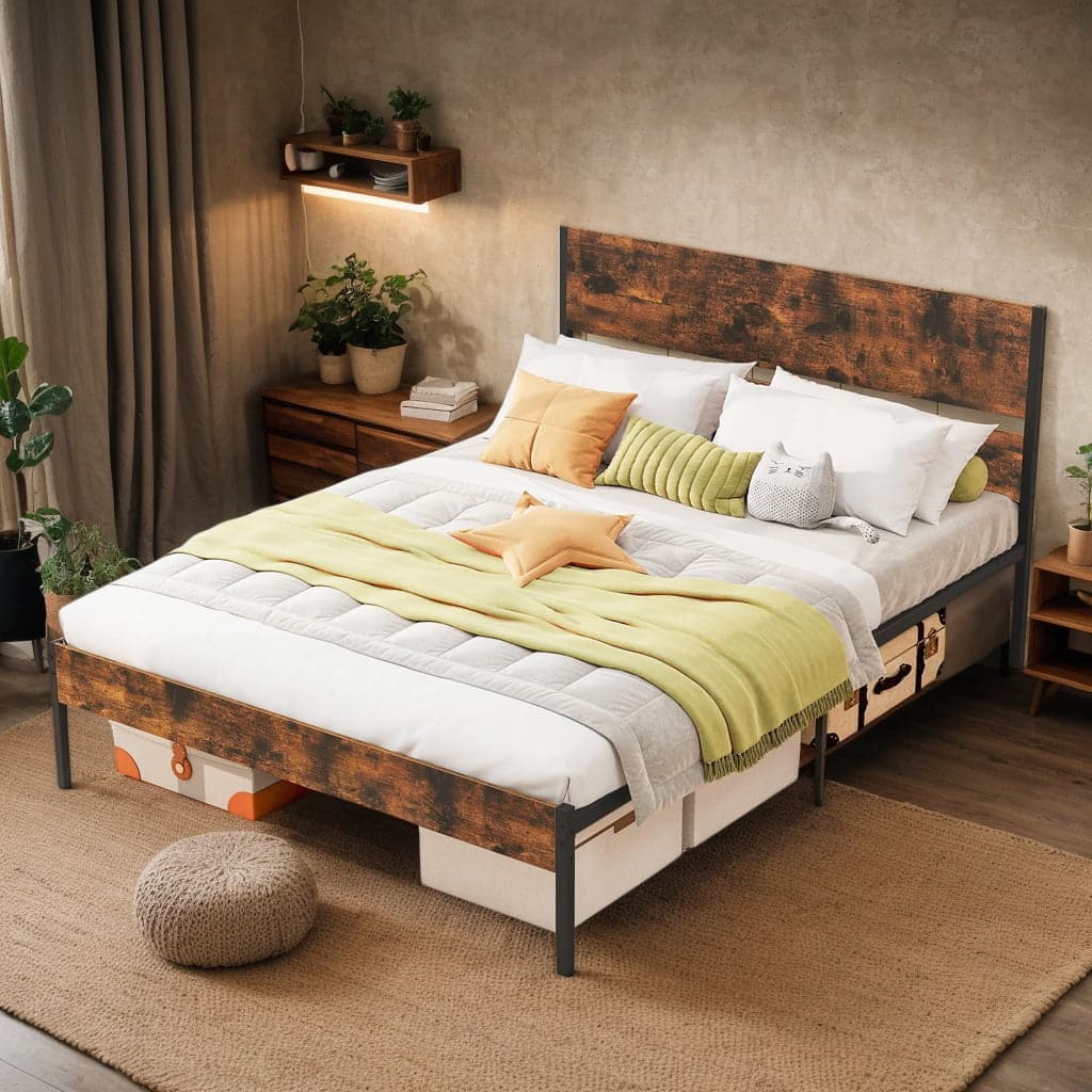 Kadyn - Platform Bed Frame, Bedroom Bed Frame,Twin/Full/Queen/King Metal Bed Frame with Wooden Headboard and Footboard - Brown