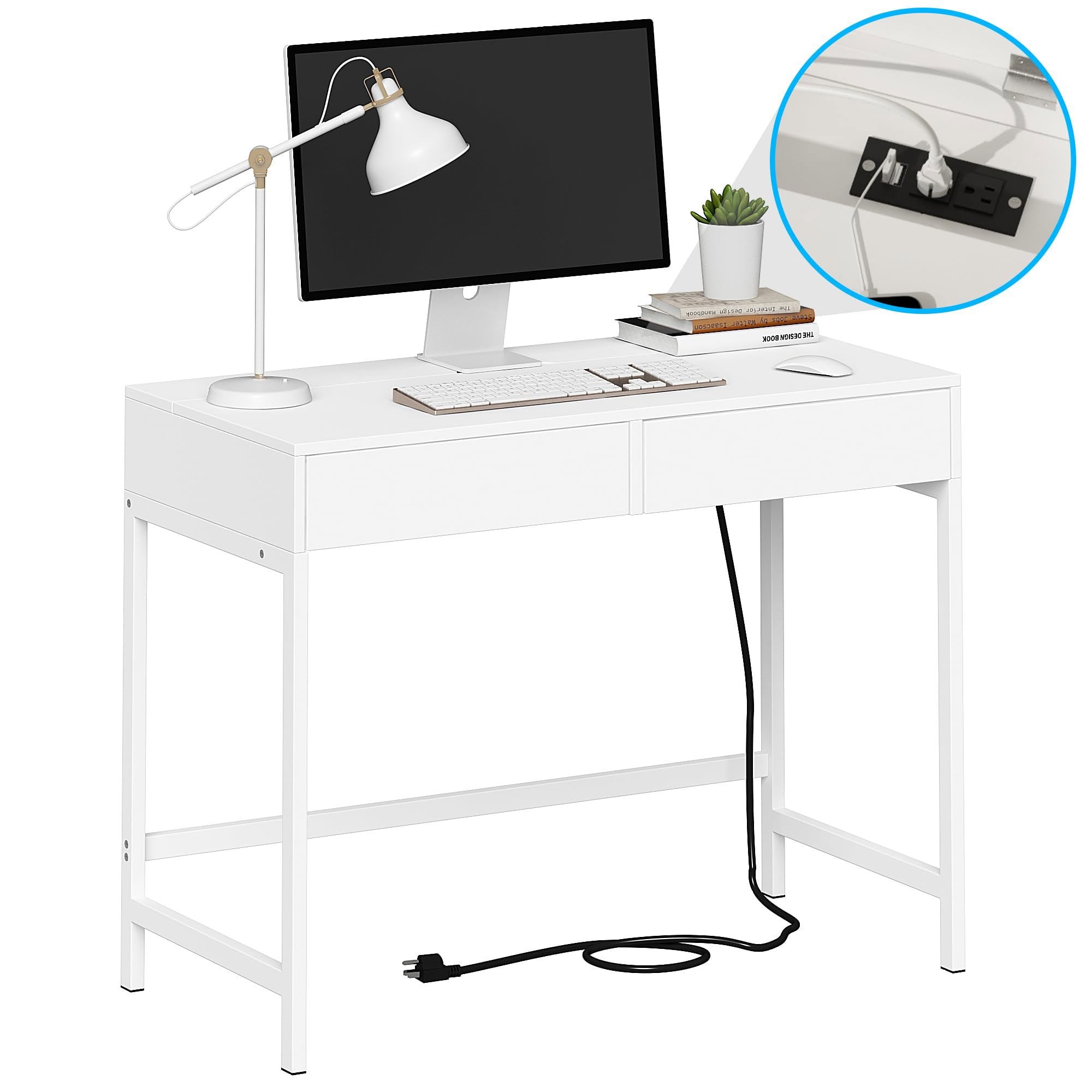 Spaco - 40" Charging Station Desk, 2 Outlets 2 USB, 2-Drawer Computer Vanity Desk - White
