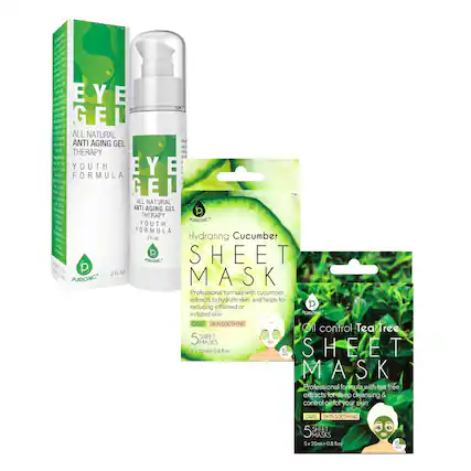 **EYE GEL**
ALL NATURAL ANTI AGING GEL THERAPY
YOUTH FORMULA
2 FL OZ
**Hydrating Cucumber SHEET MASK**
Professional formula with cucumber extracts to hydrate skin and helps for reducing inflamed or irritated skin
CARE | SKIN SOOTHING
5 SHEET MASKS
5 x 25ml e 0.8 fl.oz
**Oil control Tea Tree SHEET MASK**
Professional formula with tea tree extracts for deep cleansing & control oil for your skin
CARE | SKIN SOOTHING
5 SHEET MASKS
5 x 25ml e 0.8 fl.oz
PURSONIC®