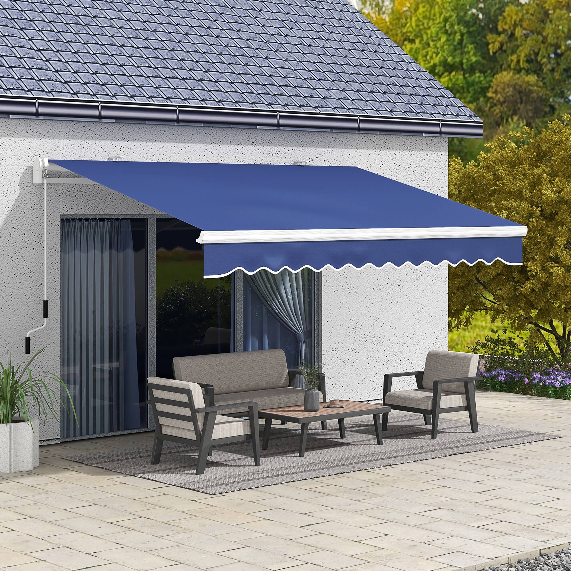 Alt View 1. Outsunny - 13' x 8' Retractable Awning, Patio Awnings, Sunshade Shelter w/ Manual Crank Handle, UV & Water-Resistant Fabric - Dark Blue.
