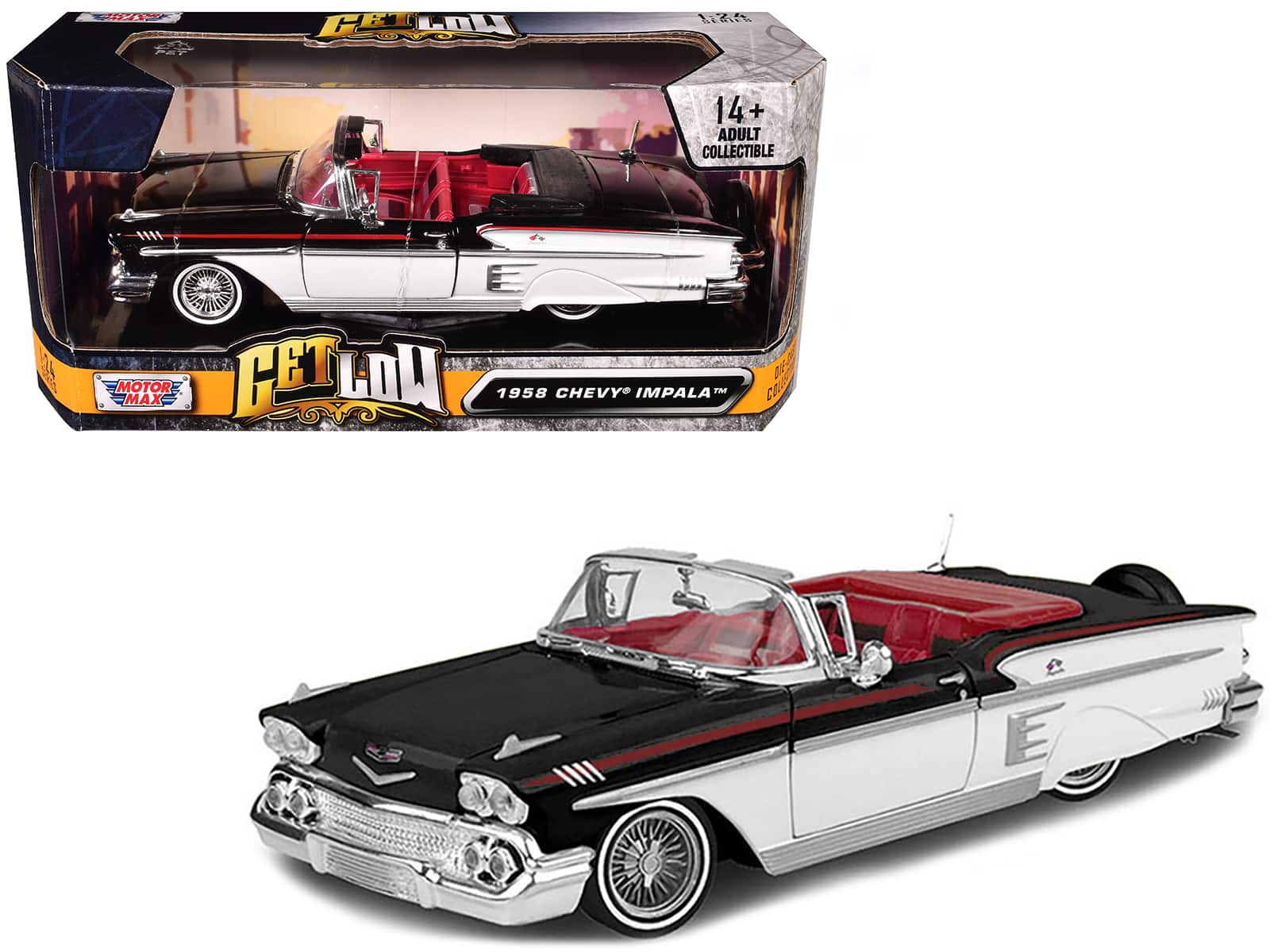 "1958 Chevrolet Impala Convertible Lowrider Black and White with Red Interior ""Get Low"" Series 1/24 Model Car by Motormax" price history on PriceWatchPro