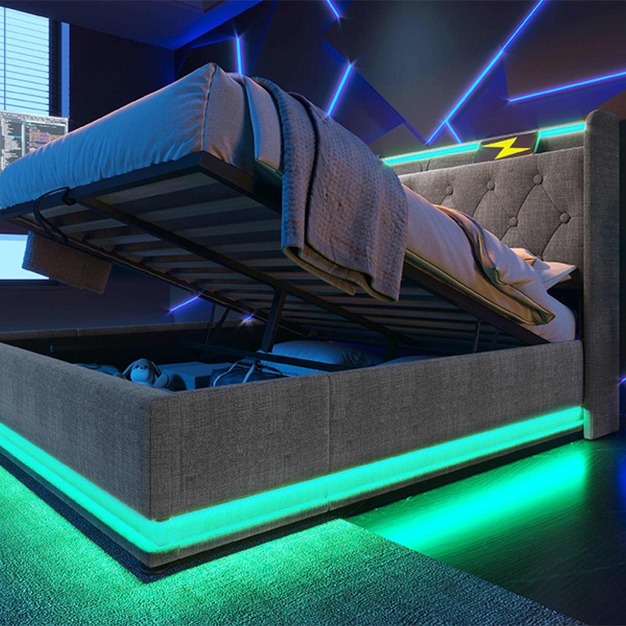 Angle. GOODSILO - Full Size Upholstered Bed with LED Lighting, Hydraulic Storage, and USB Charging - Gray.